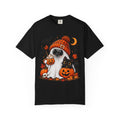 Halloween Ghost & Black Cat T-Shirt — Cute Pumpkin Beanie Design