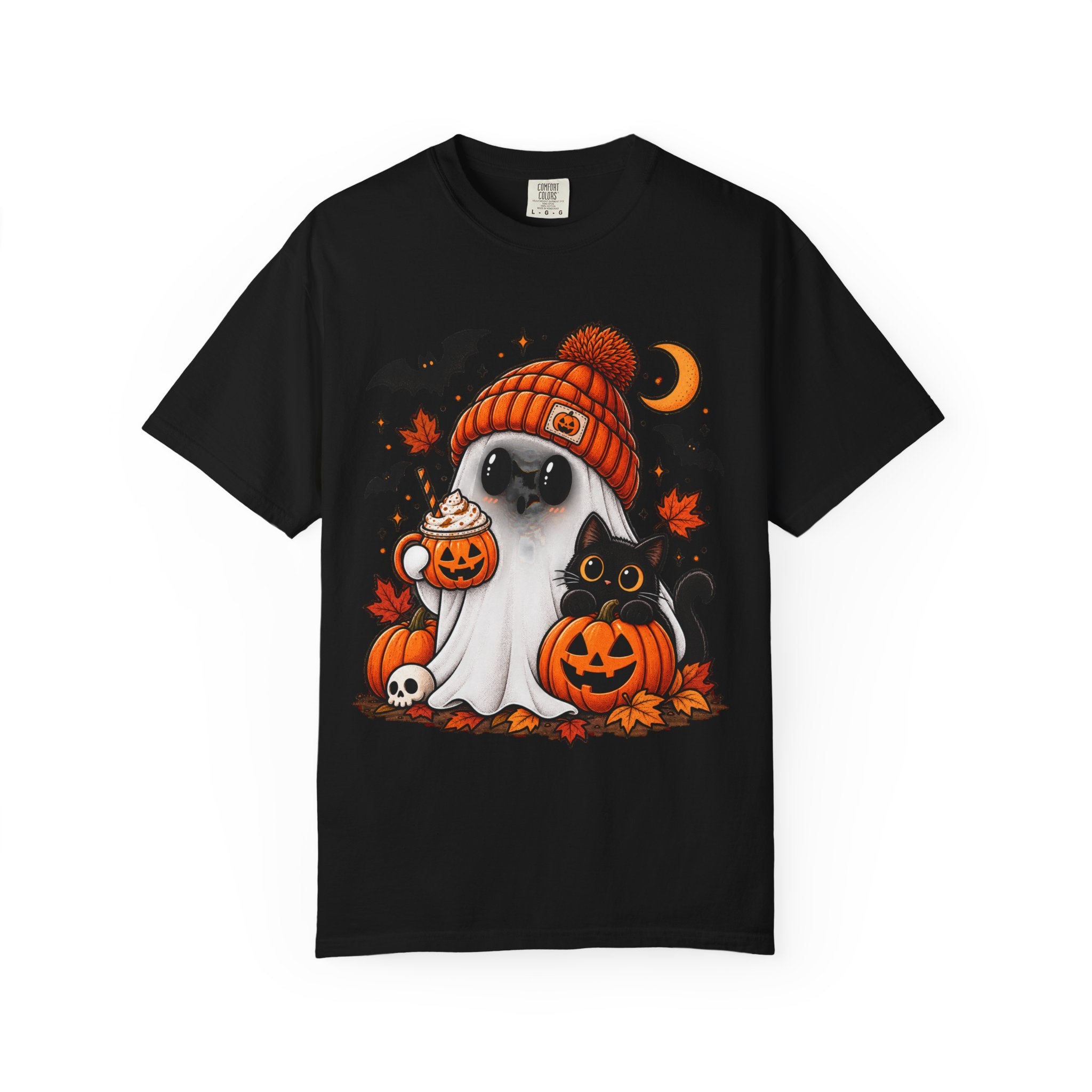 Halloween Ghost & Black Cat T-Shirt — Cute Pumpkin Beanie Design