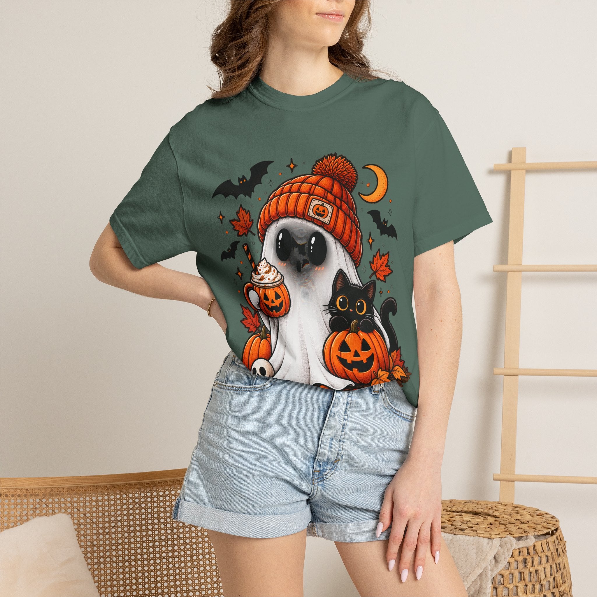 Halloween Ghost & Black Cat T-Shirt — Cute Pumpkin Beanie Design
