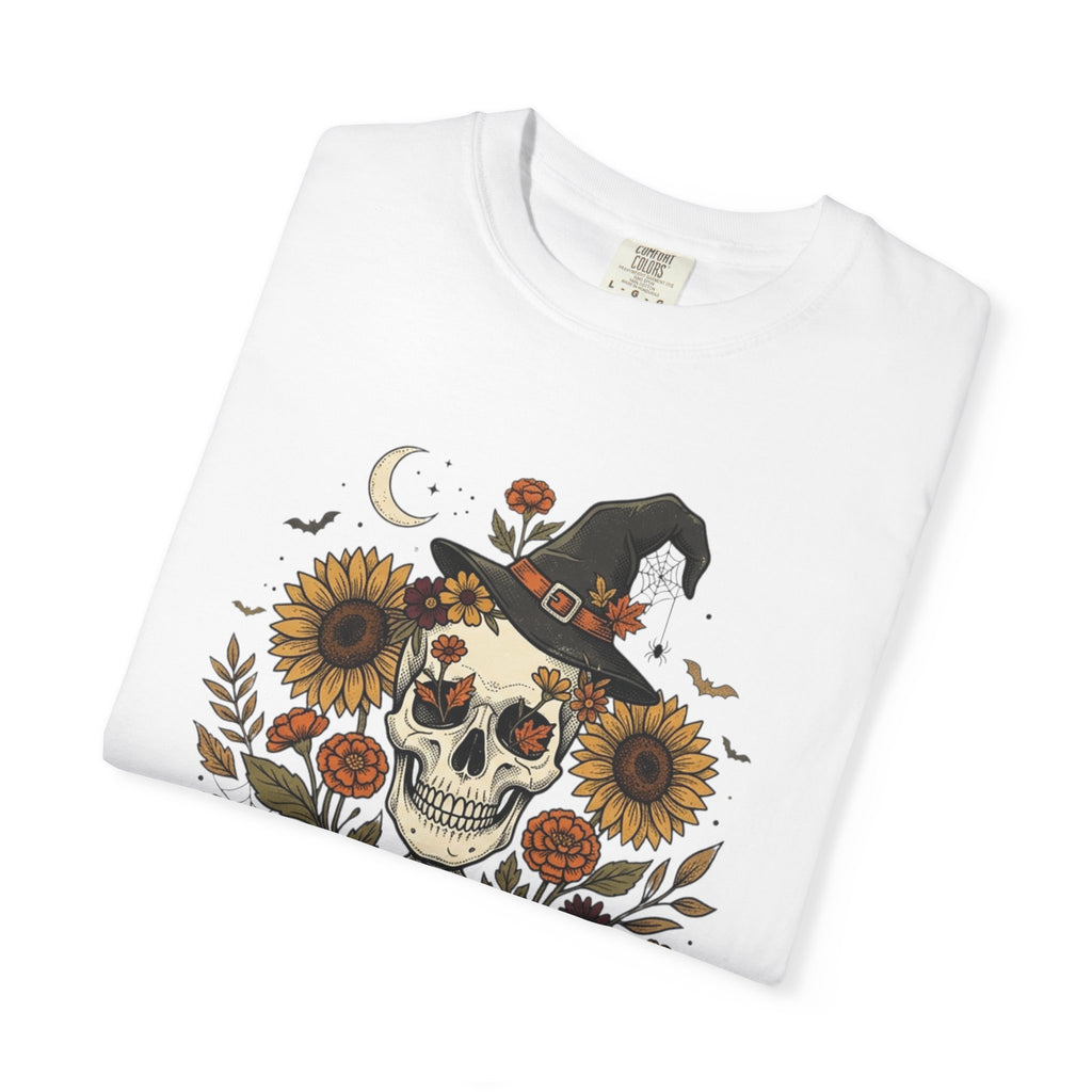 Halloween Skeleton Witch T-Shirt — Pumpkin & Sunflower Spooky Graphic Tee