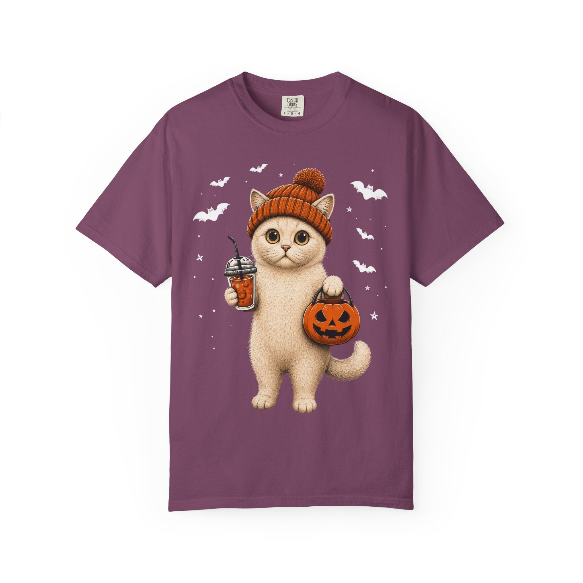 Halloween Cat T-Shirt | Cute Kitty with Pumpkin Bucket & Coffee