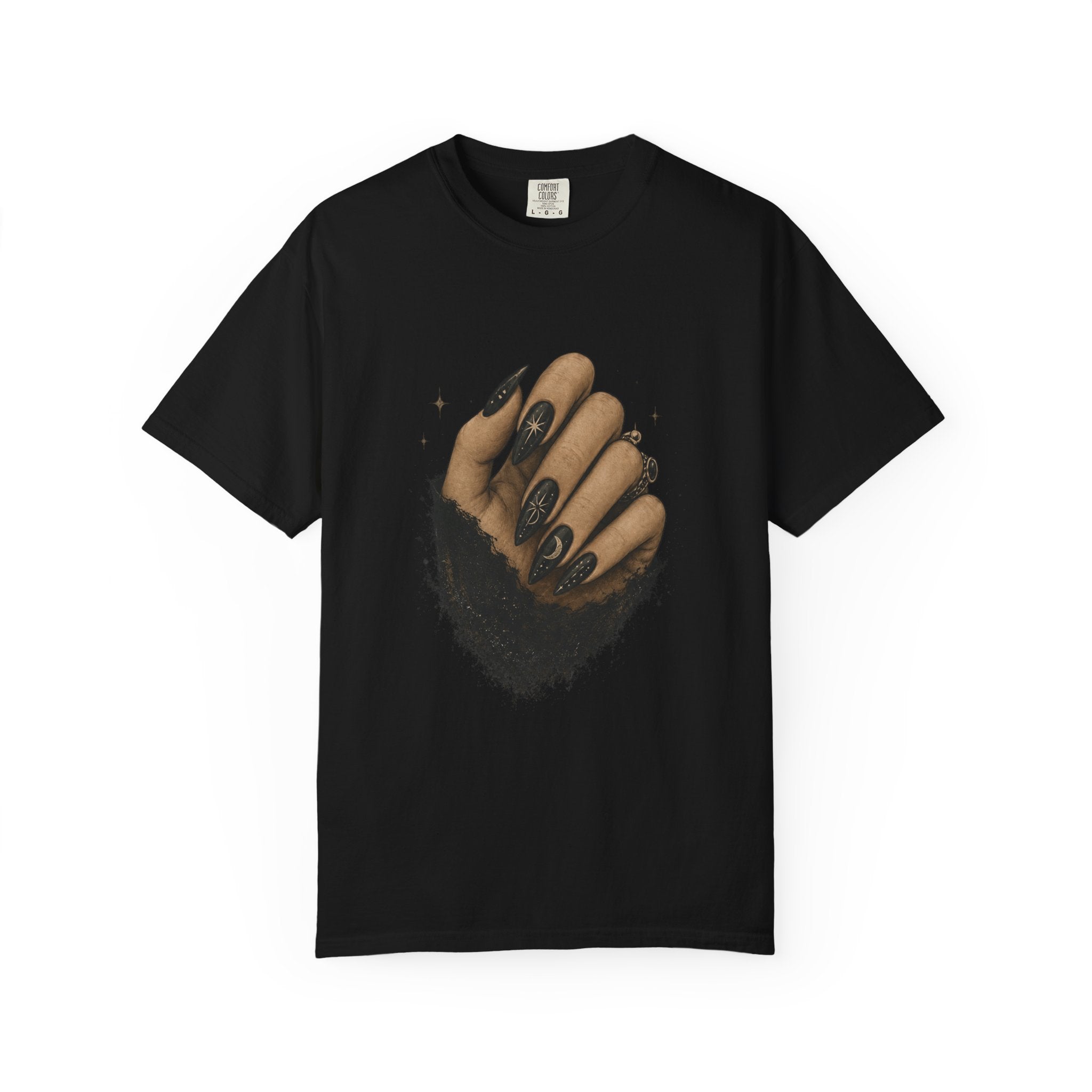 Dark aesthetic graphic tee with gothic nail illustration