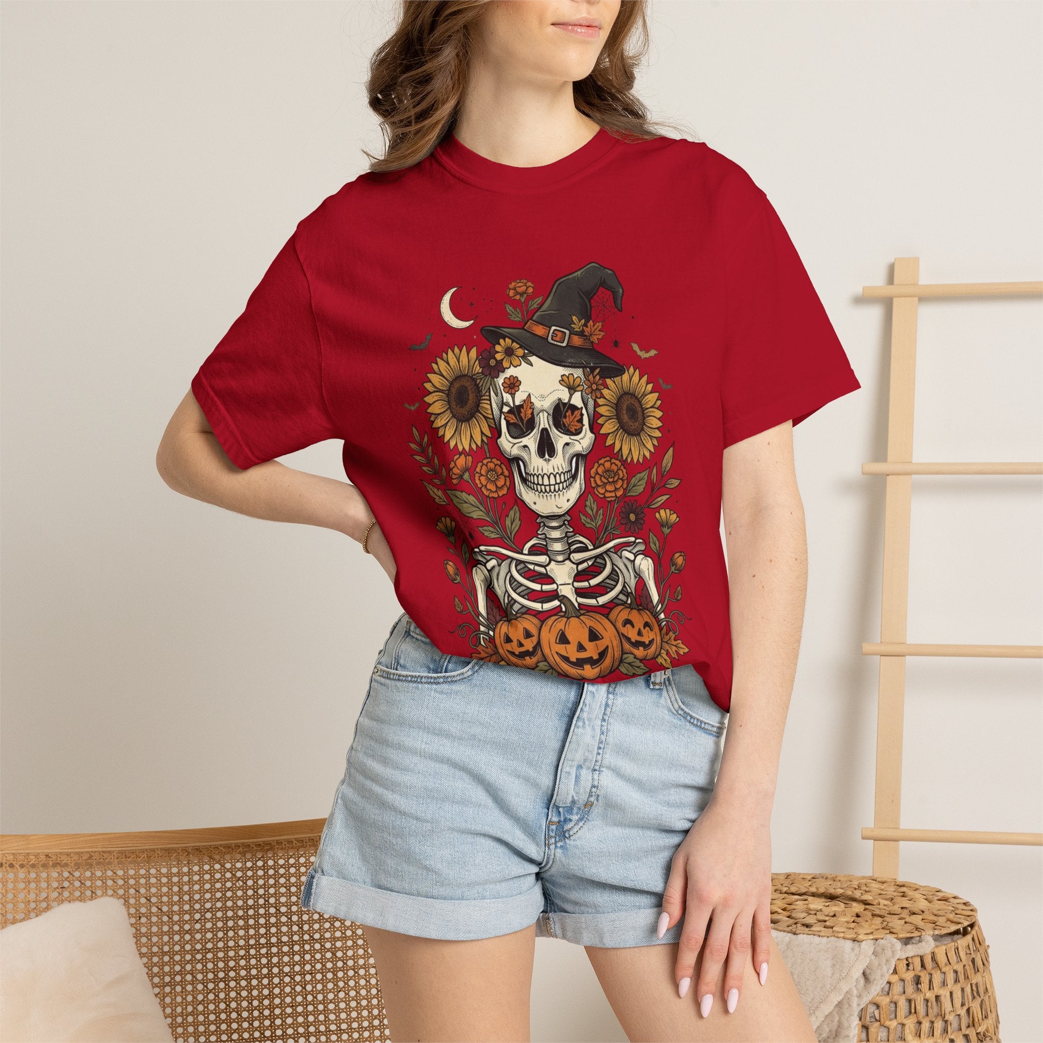 Halloween Skeleton Witch T-Shirt — Pumpkin & Sunflower Spooky Graphic Tee