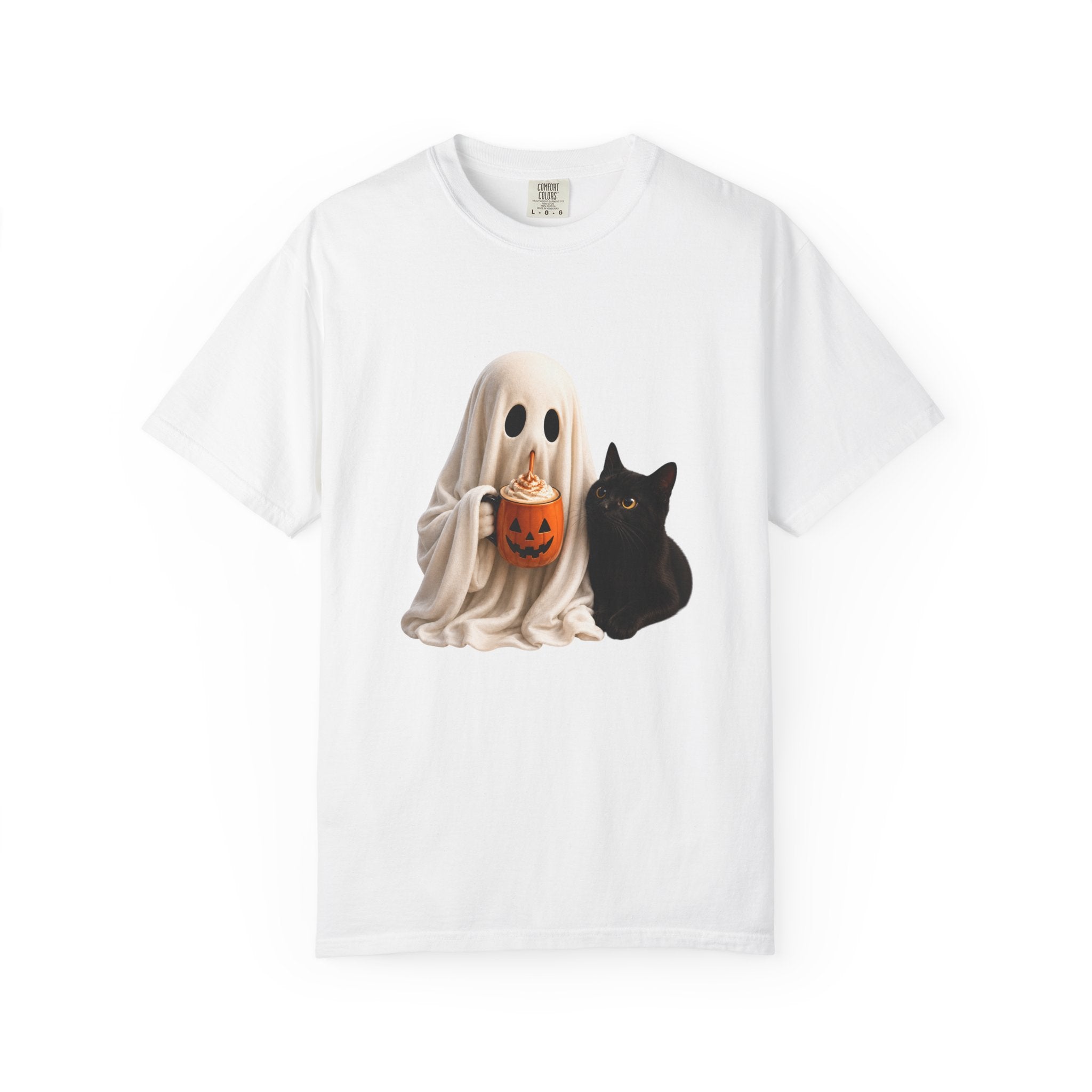 Halloween Ghost & Black Cat T-Shirt — Cute Trick-or-Treat Pumpkin Tee