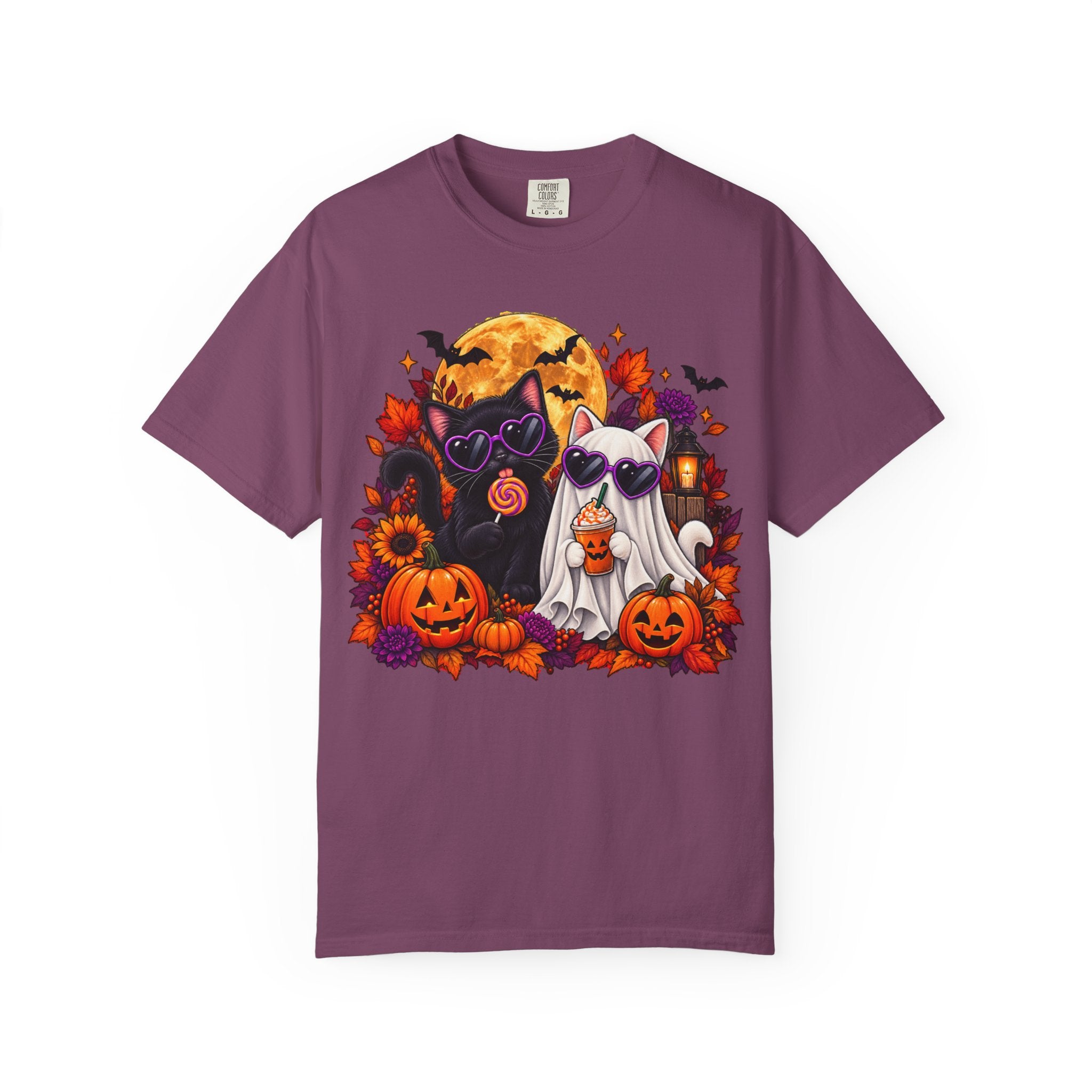 Cute Halloween Cat Shirt with Pumpkins, Ghost Cat Spooky Autumn Tee