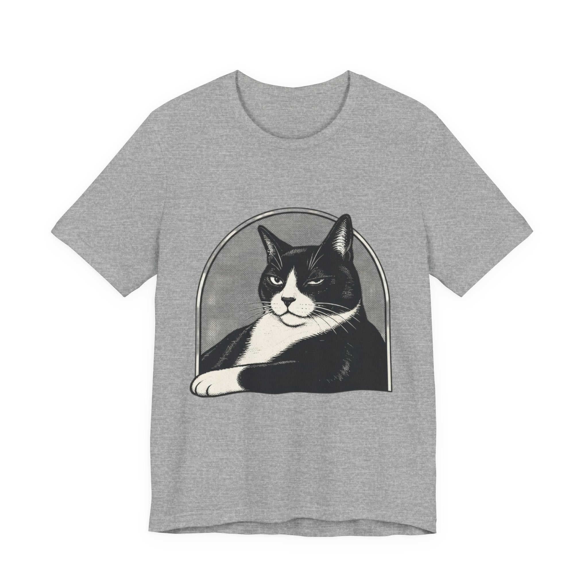 Gray Halloween cat t-shirt with black and white spooky cat graphic, perfect cat lover gift