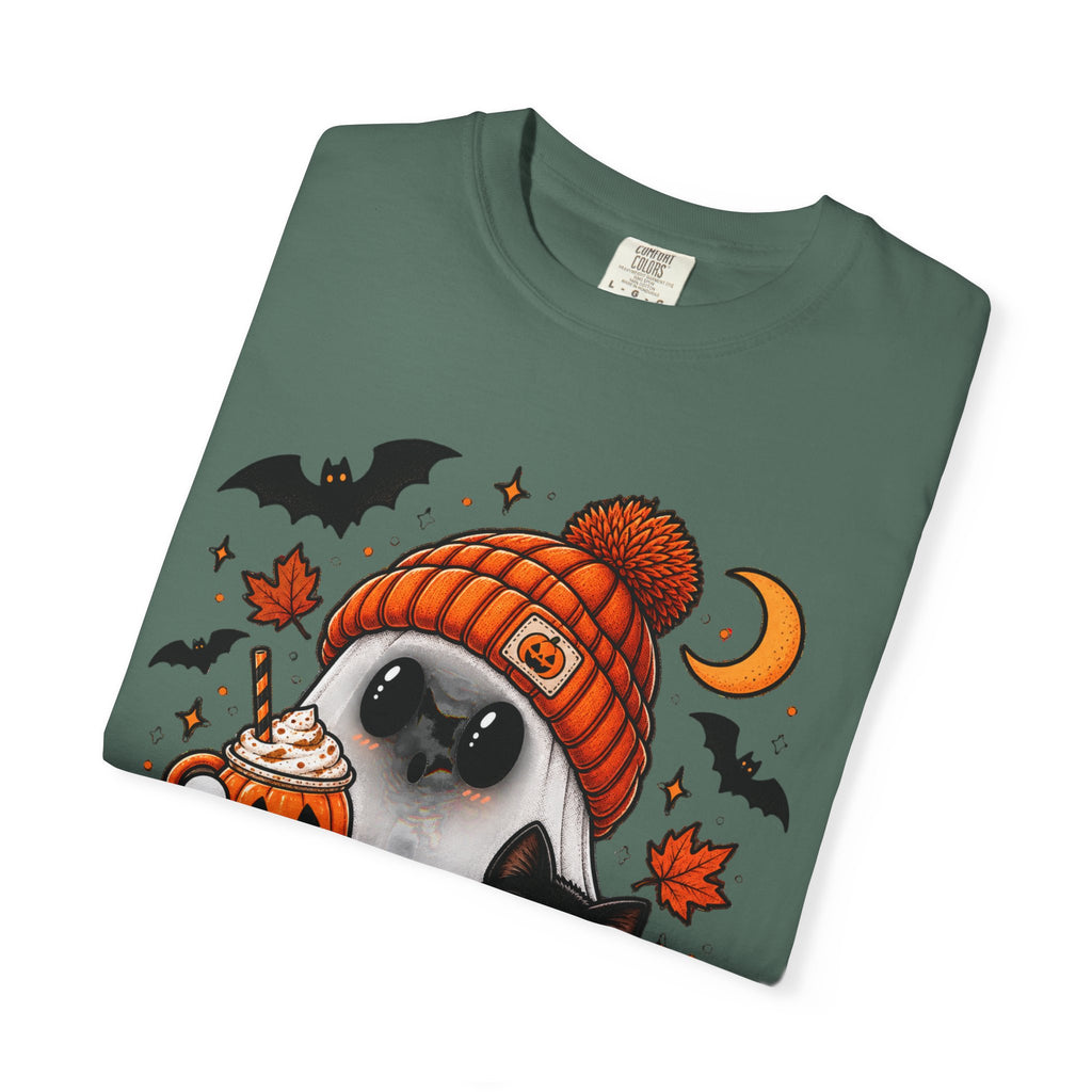 Halloween Ghost & Black Cat T-Shirt — Cute Pumpkin Beanie Design