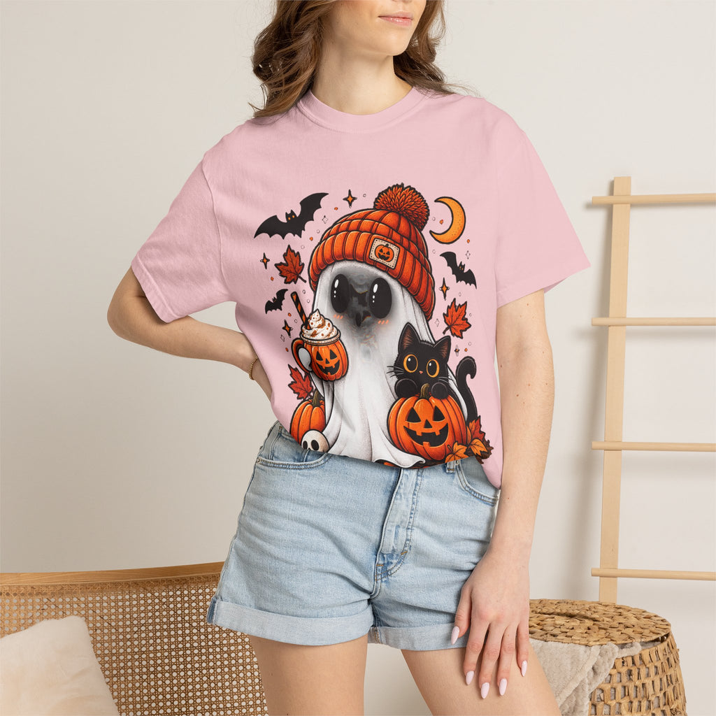 Halloween Ghost & Black Cat T-Shirt — Cute Pumpkin Beanie Design