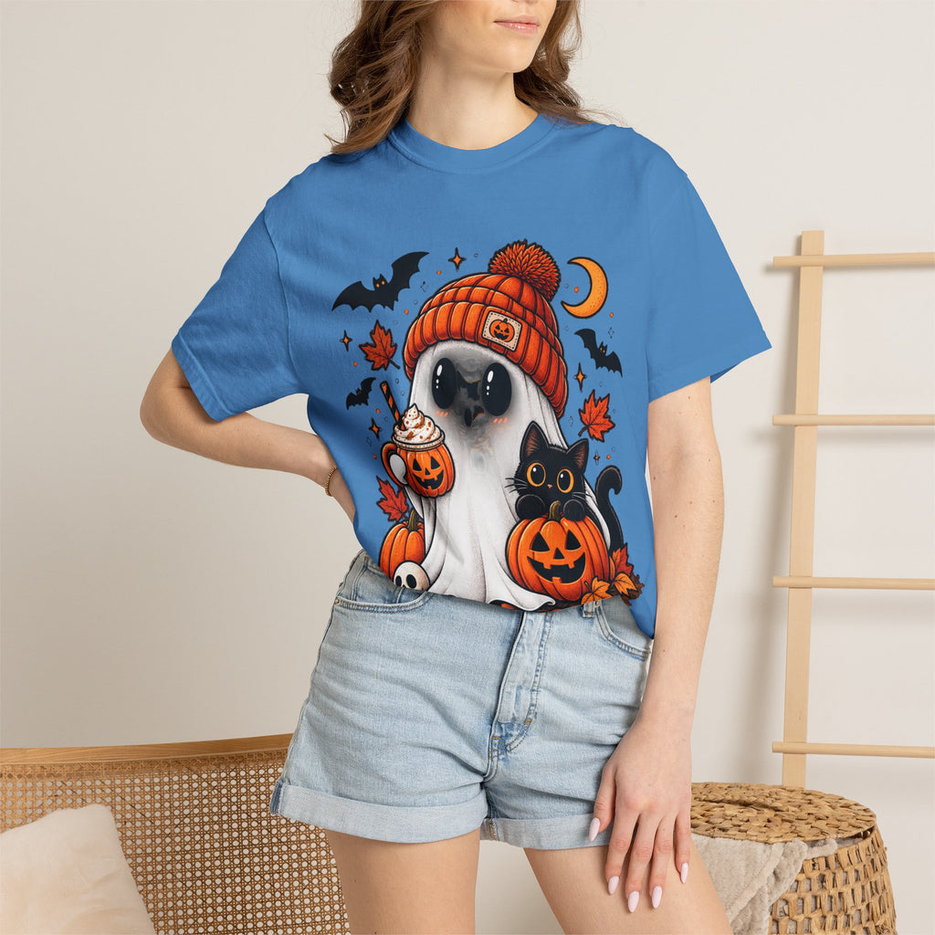 Halloween Ghost & Black Cat T-Shirt — Cute Pumpkin Beanie Design