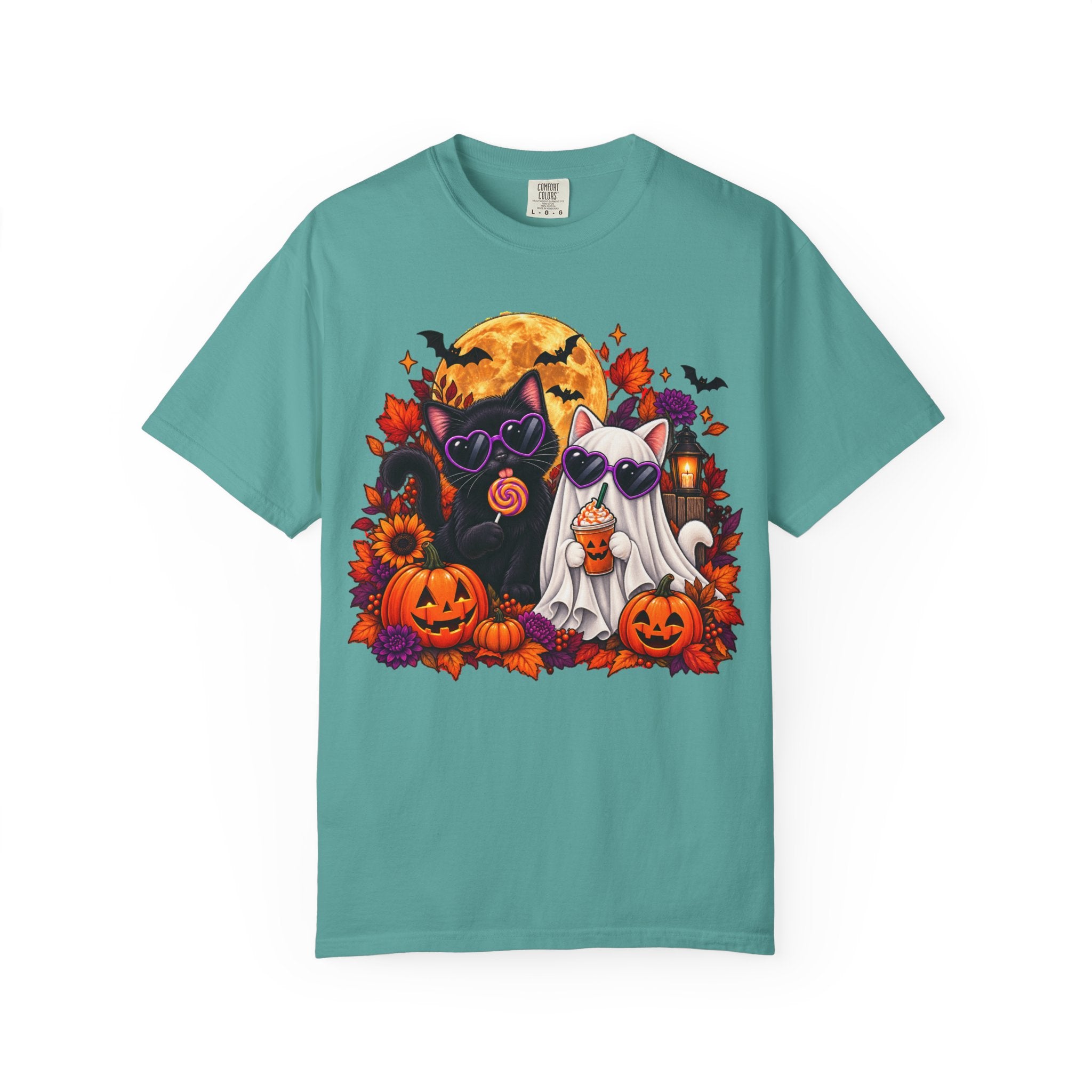 Cute Halloween Cat Shirt with Pumpkins, Ghost Cat Spooky Autumn Tee