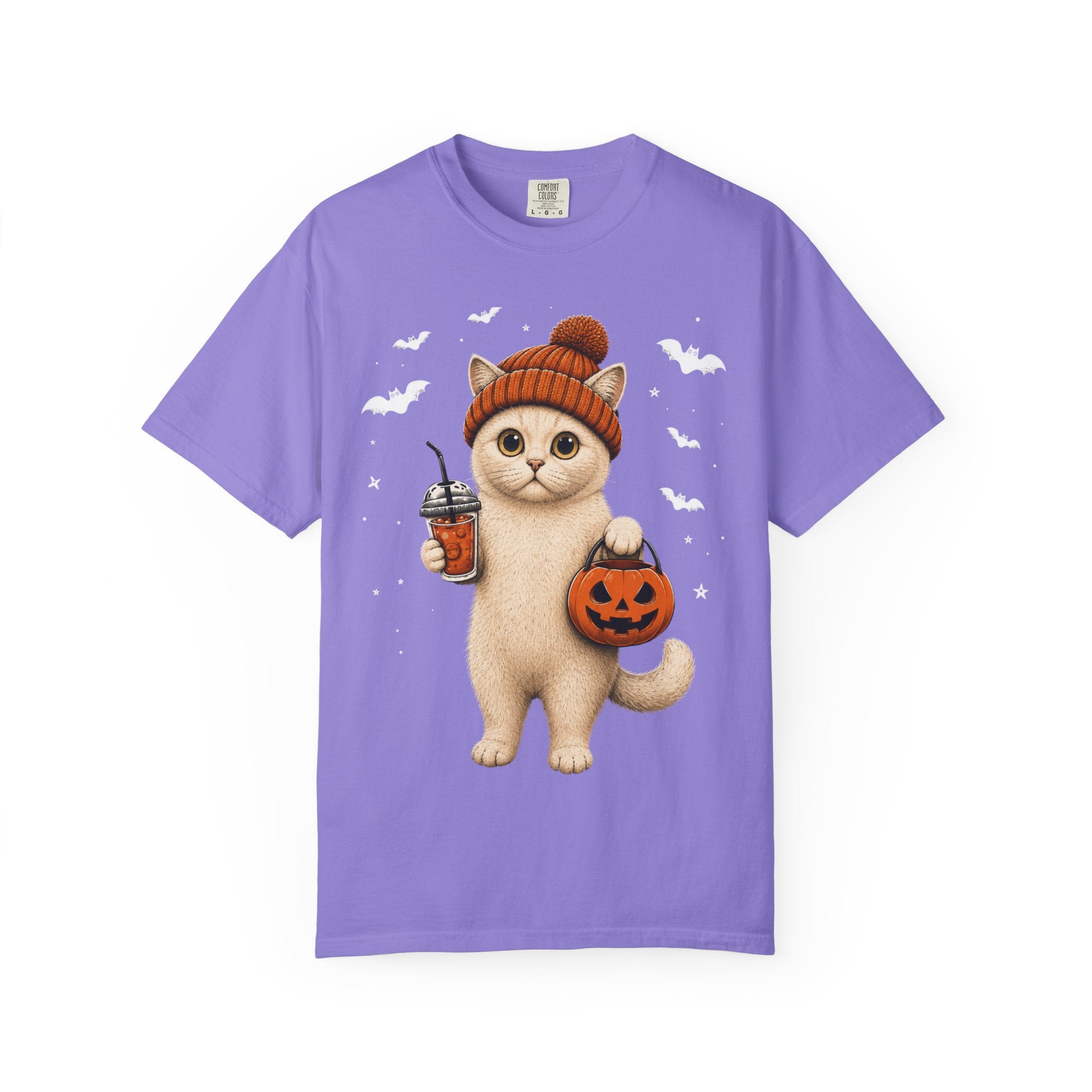 Halloween Cat T-Shirt | Cute Kitty with Pumpkin Bucket & Coffee