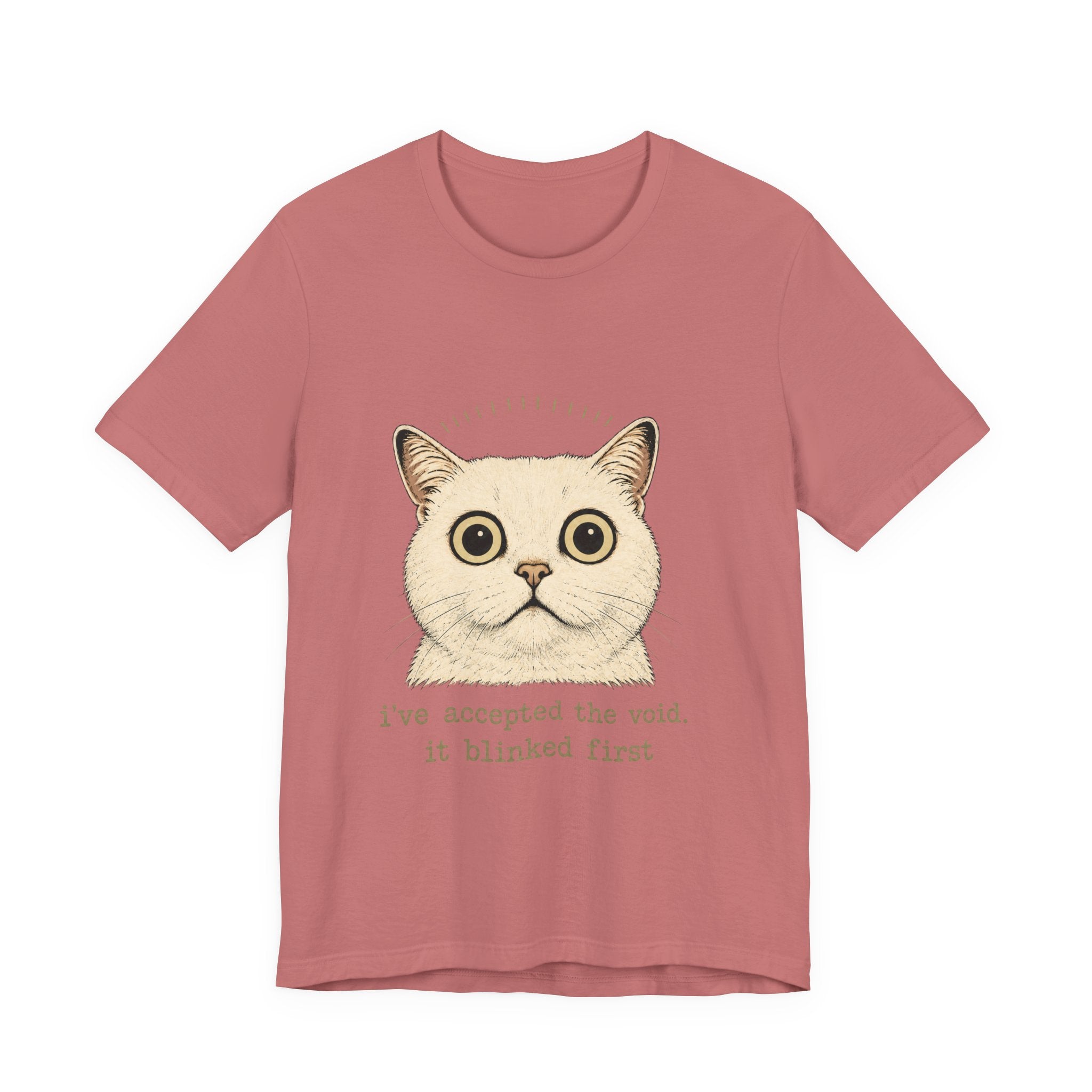 Funny cat Halloween T-shirt with cute white cat face and text 'i've accepted the void. it blinked first'