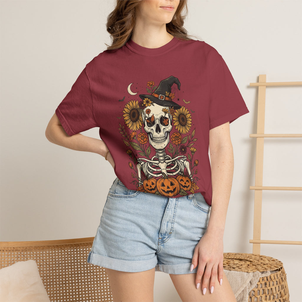 Halloween Skeleton Witch T-Shirt — Pumpkin & Sunflower Spooky Graphic Tee
