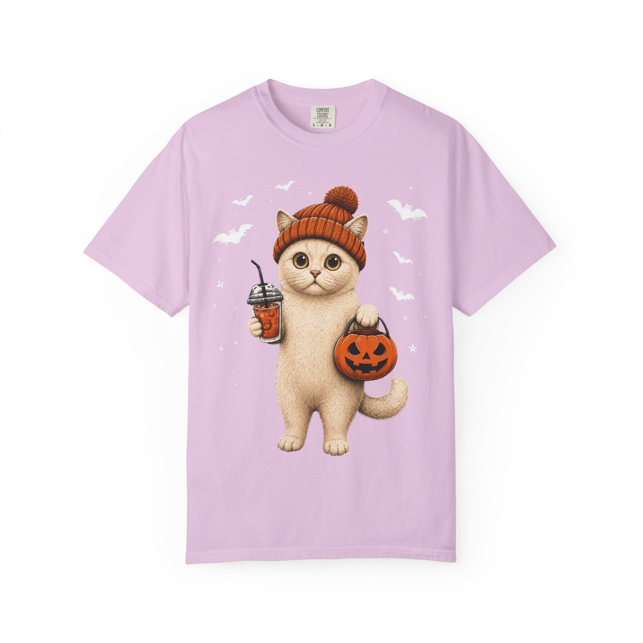 Halloween Cat T-Shirt | Cute Kitty with Pumpkin Bucket & Coffee
