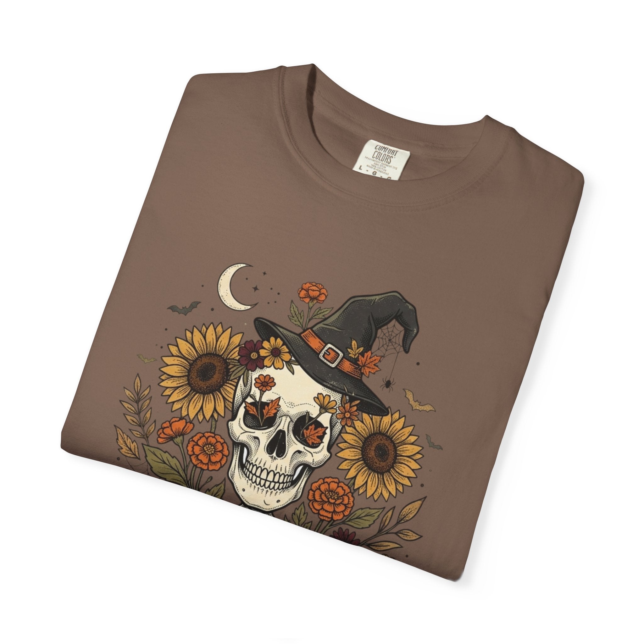 Halloween Skeleton Witch T-Shirt — Pumpkin & Sunflower Spooky Graphic Tee