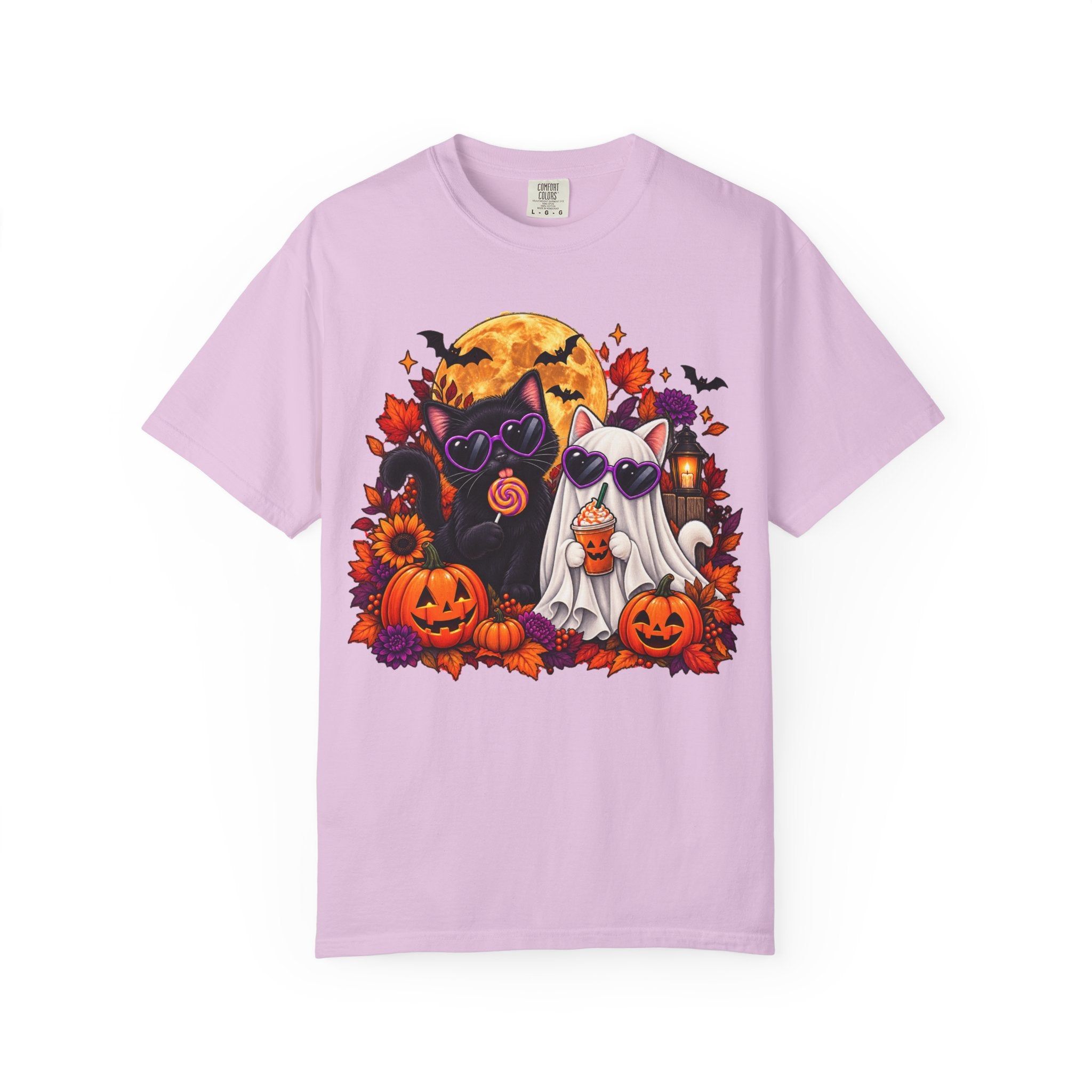Cute Halloween Cat Shirt with Pumpkins, Ghost Cat Spooky Autumn Tee