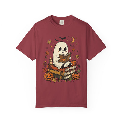 Bookish ghost Halloween shirt, cozy reading ghost tee, book lover gift