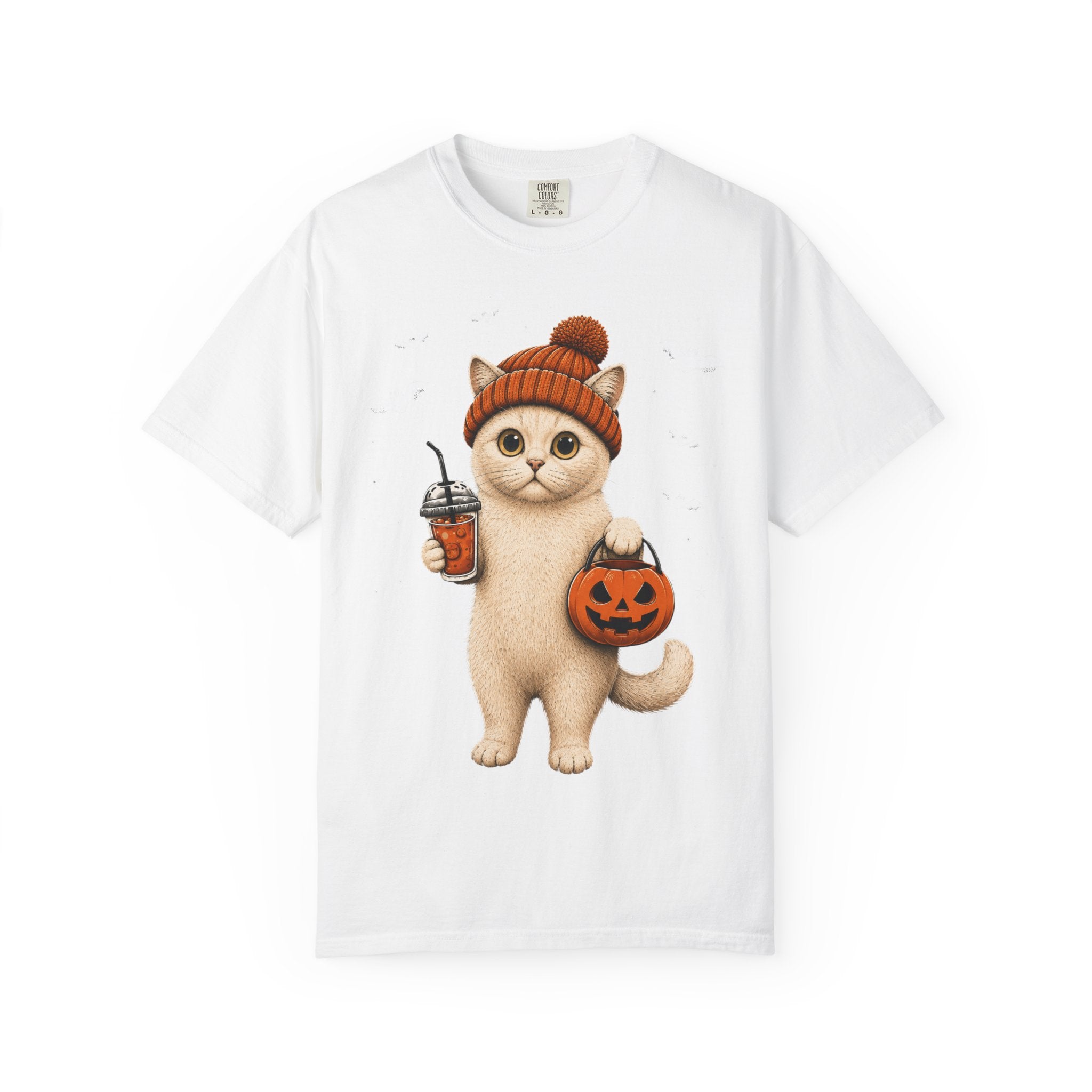 Halloween Cat T-Shirt | Cute Kitty with Pumpkin Bucket & Coffee