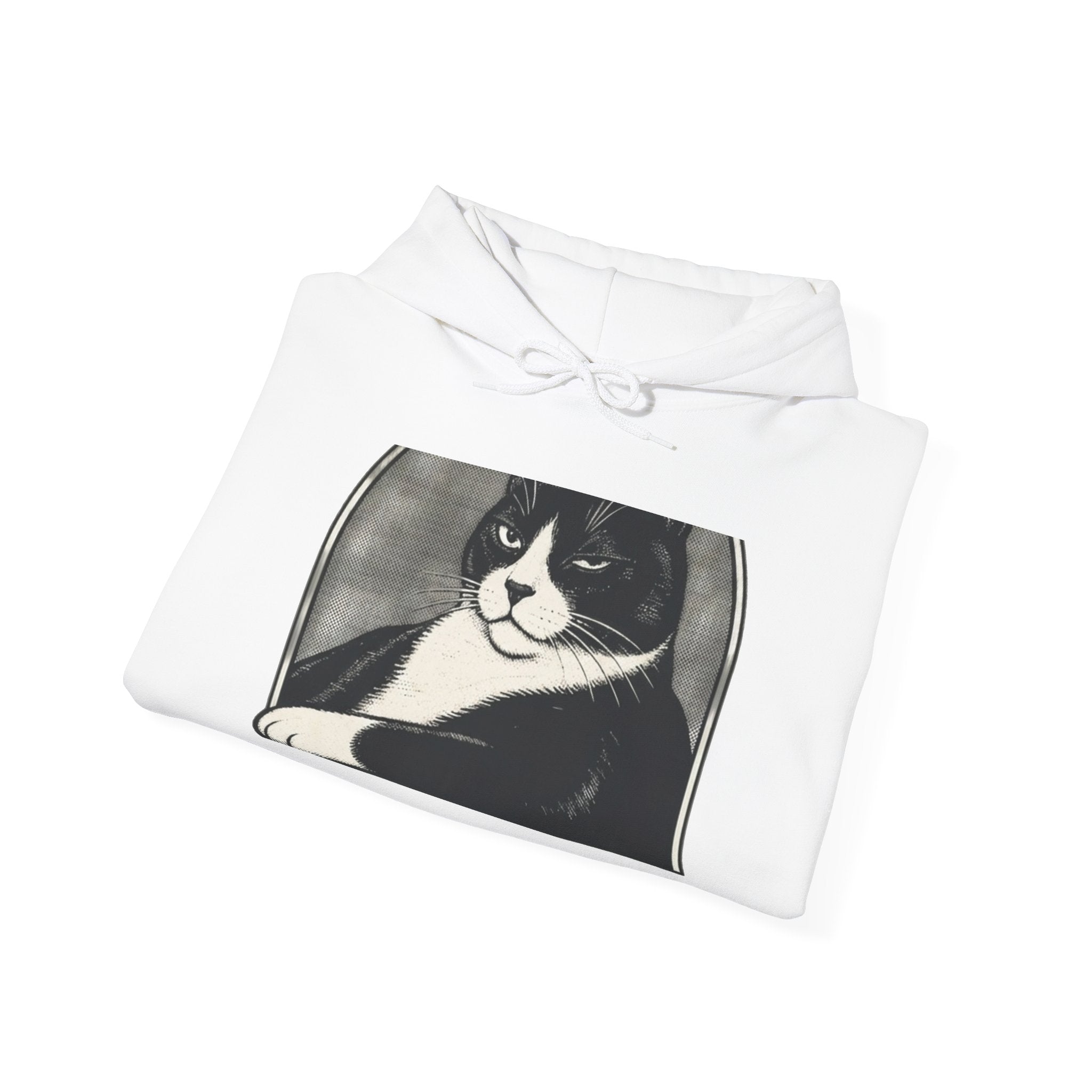 White hoodie with spooky black and white cat graphic, perfect Halloween cat lover gift