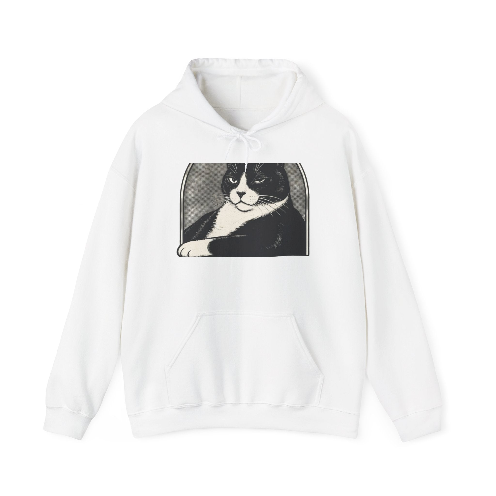 White hoodie with spooky black and white cat graphic, perfect for Halloween cat lovers