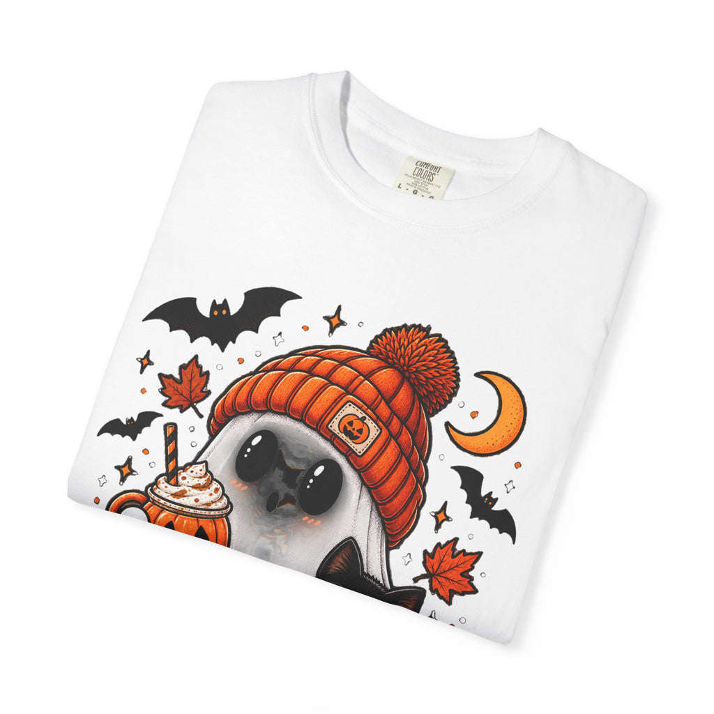 Halloween Ghost & Black Cat T-Shirt — Cute Pumpkin Beanie Design