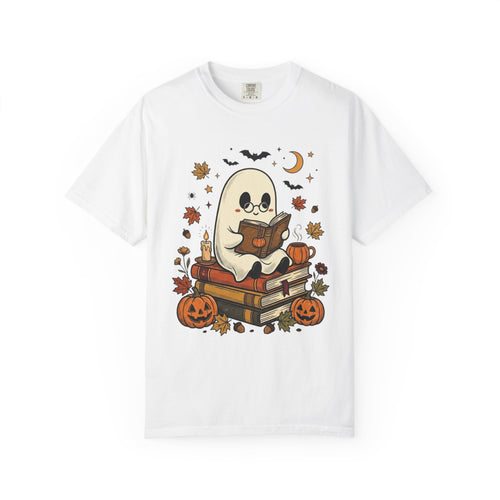 Bookish ghost Halloween shirt, cozy reading ghost tee, book lover gift