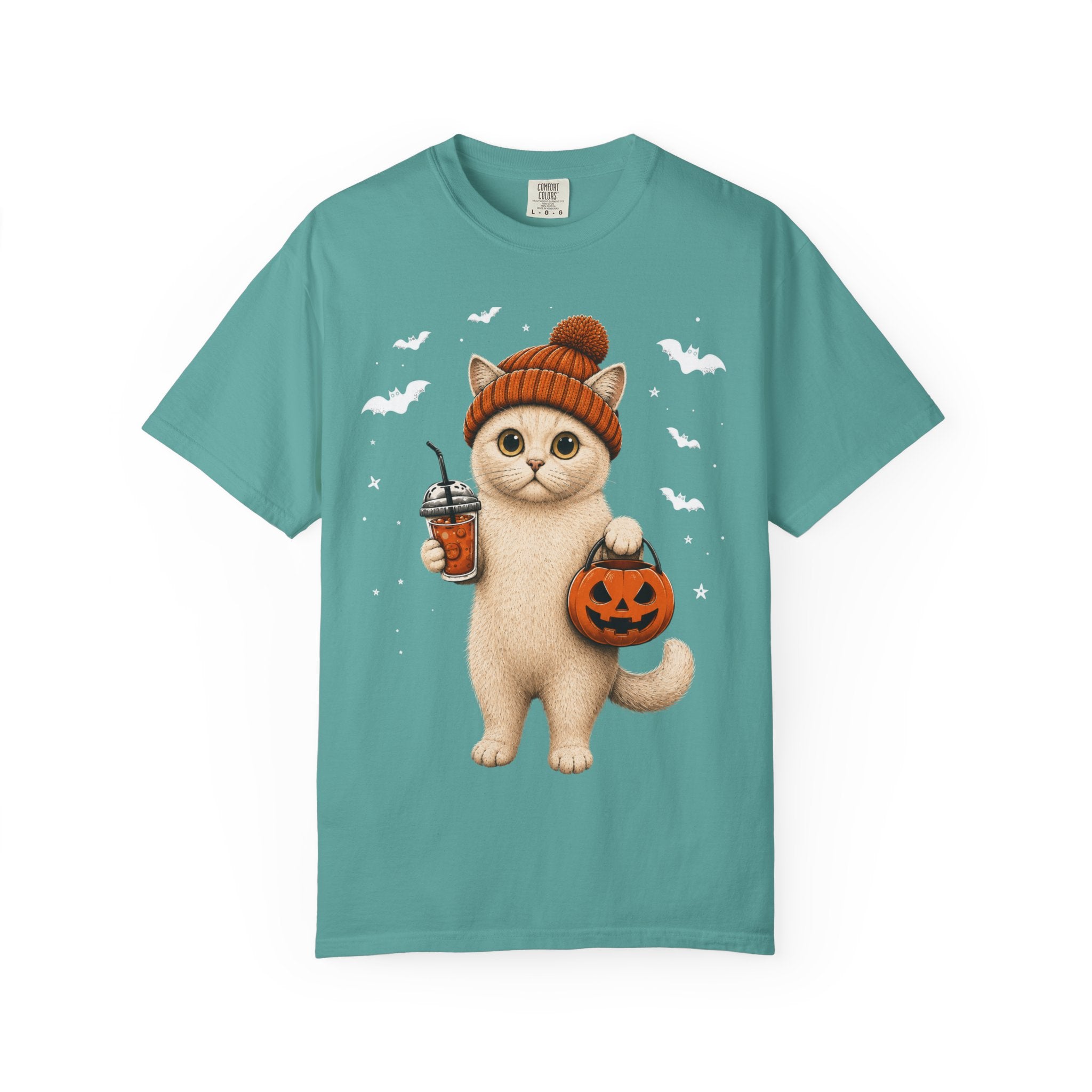 Halloween Cat T-Shirt | Cute Kitty with Pumpkin Bucket & Coffee