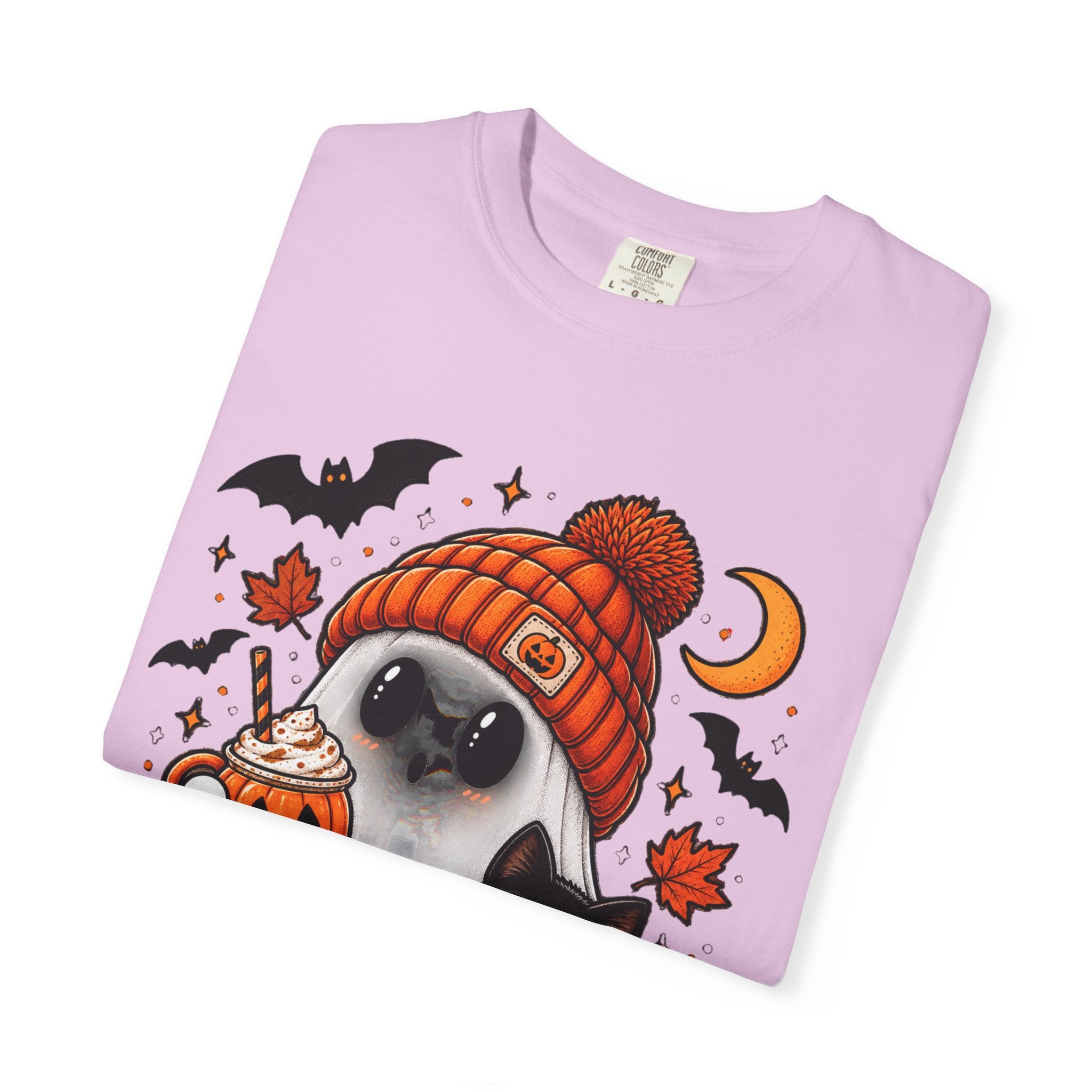 Halloween Ghost & Black Cat T-Shirt — Cute Pumpkin Beanie Design