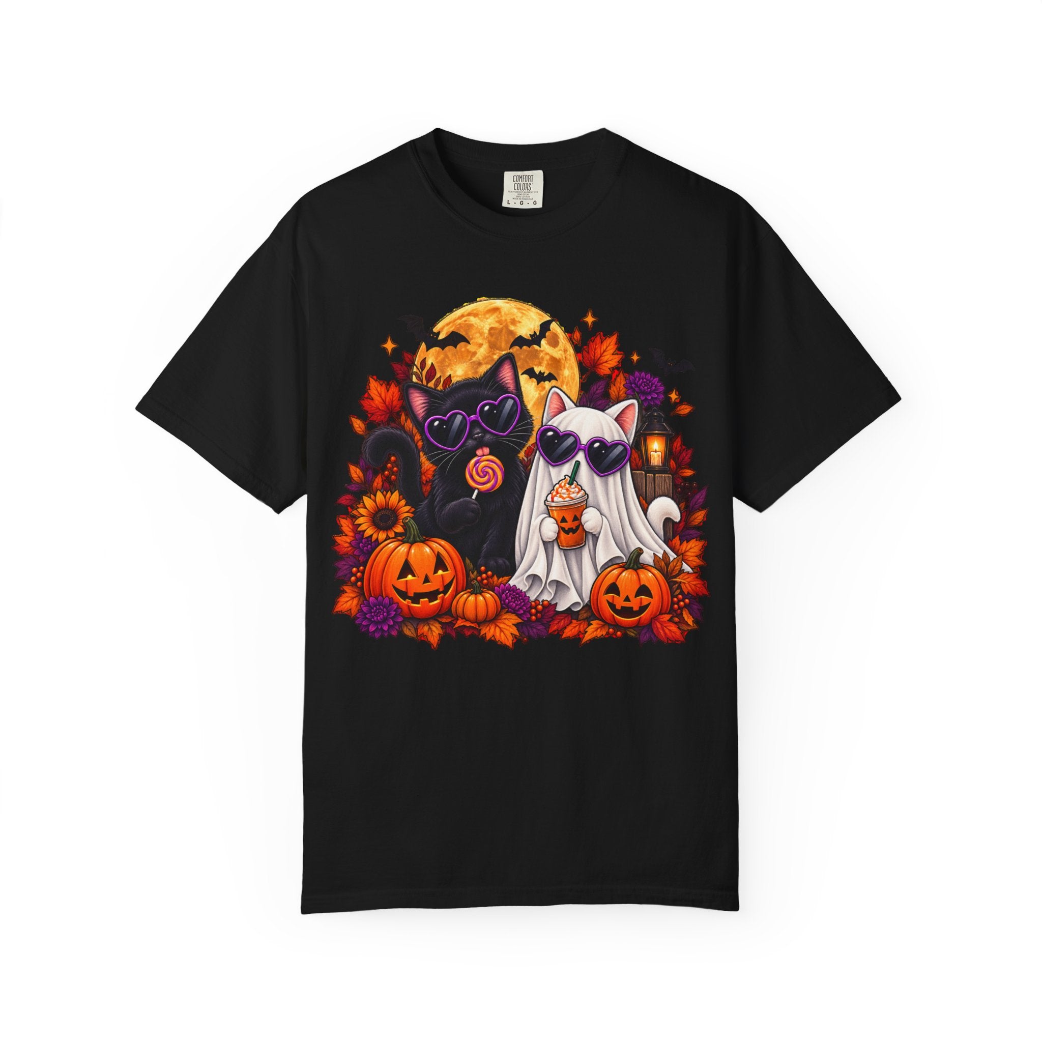 Cute Halloween Cat Shirt with Pumpkins, Ghost Cat Spooky Autumn Tee