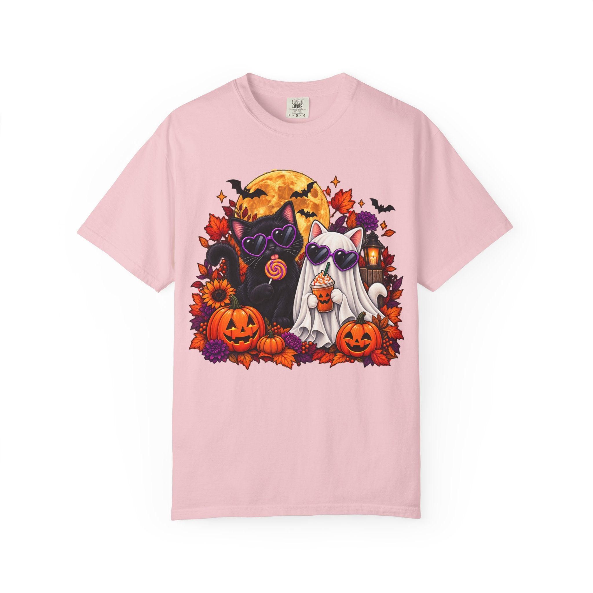 Cute Halloween Cat Shirt with Pumpkins, Ghost Cat Spooky Autumn Tee