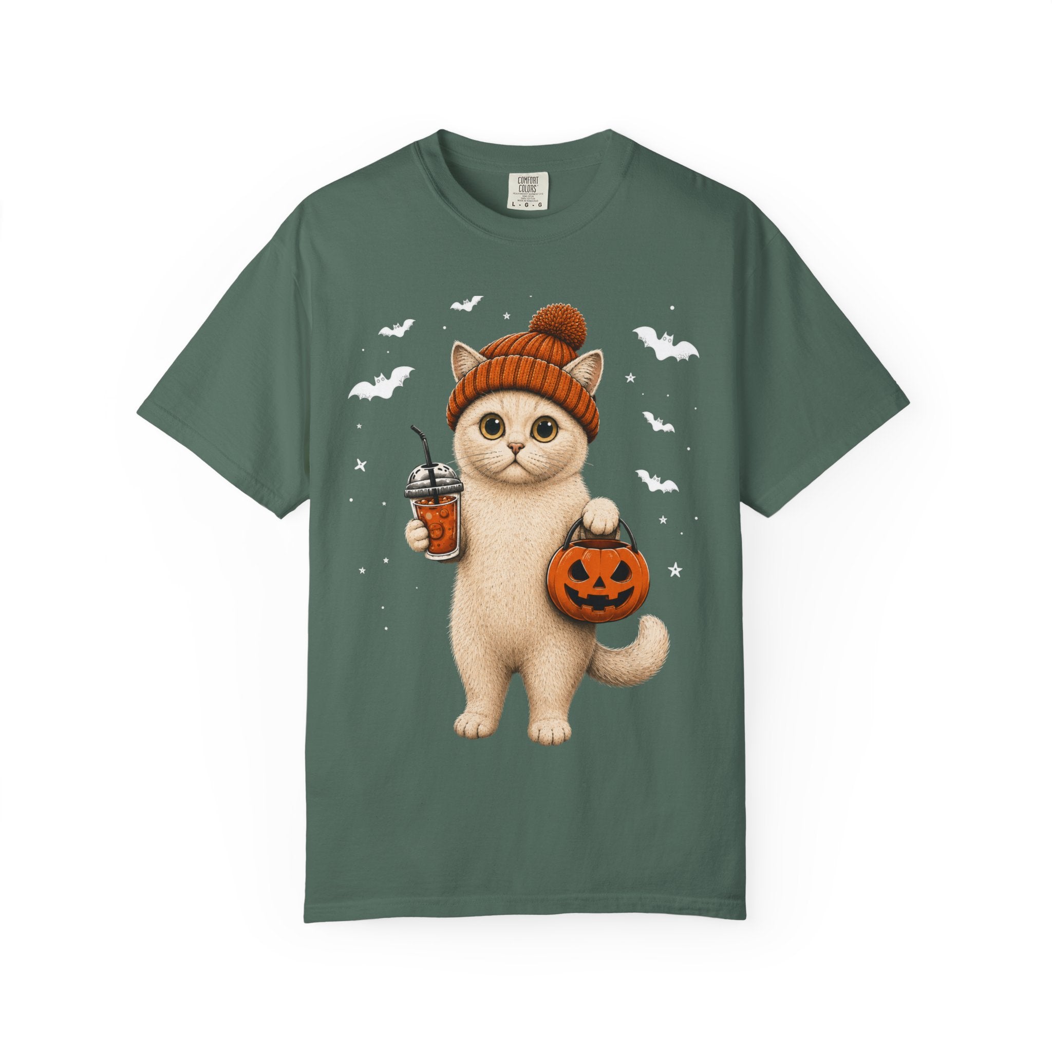 Halloween Cat T-Shirt | Cute Kitty with Pumpkin Bucket & Coffee