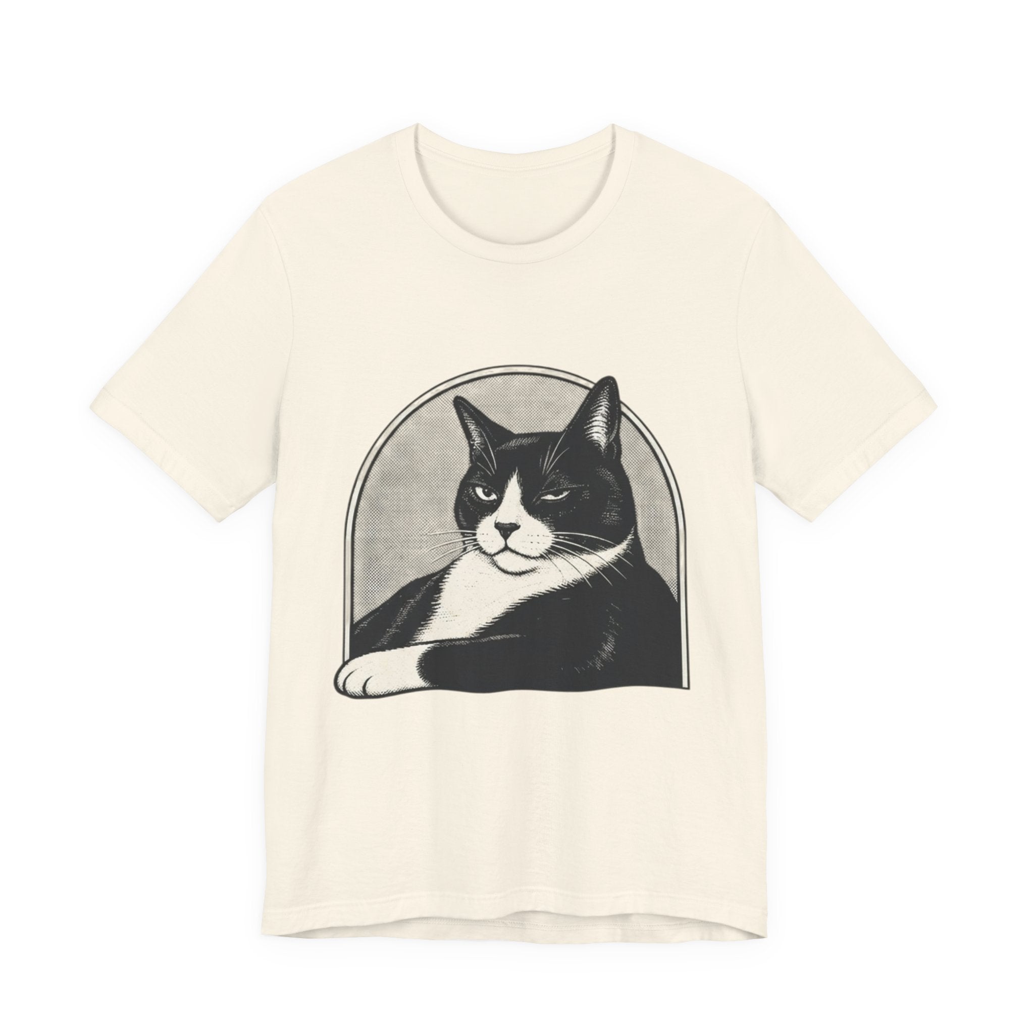 Cream t-shirt with black and white cat illustration, perfect for Halloween or cat lovers
