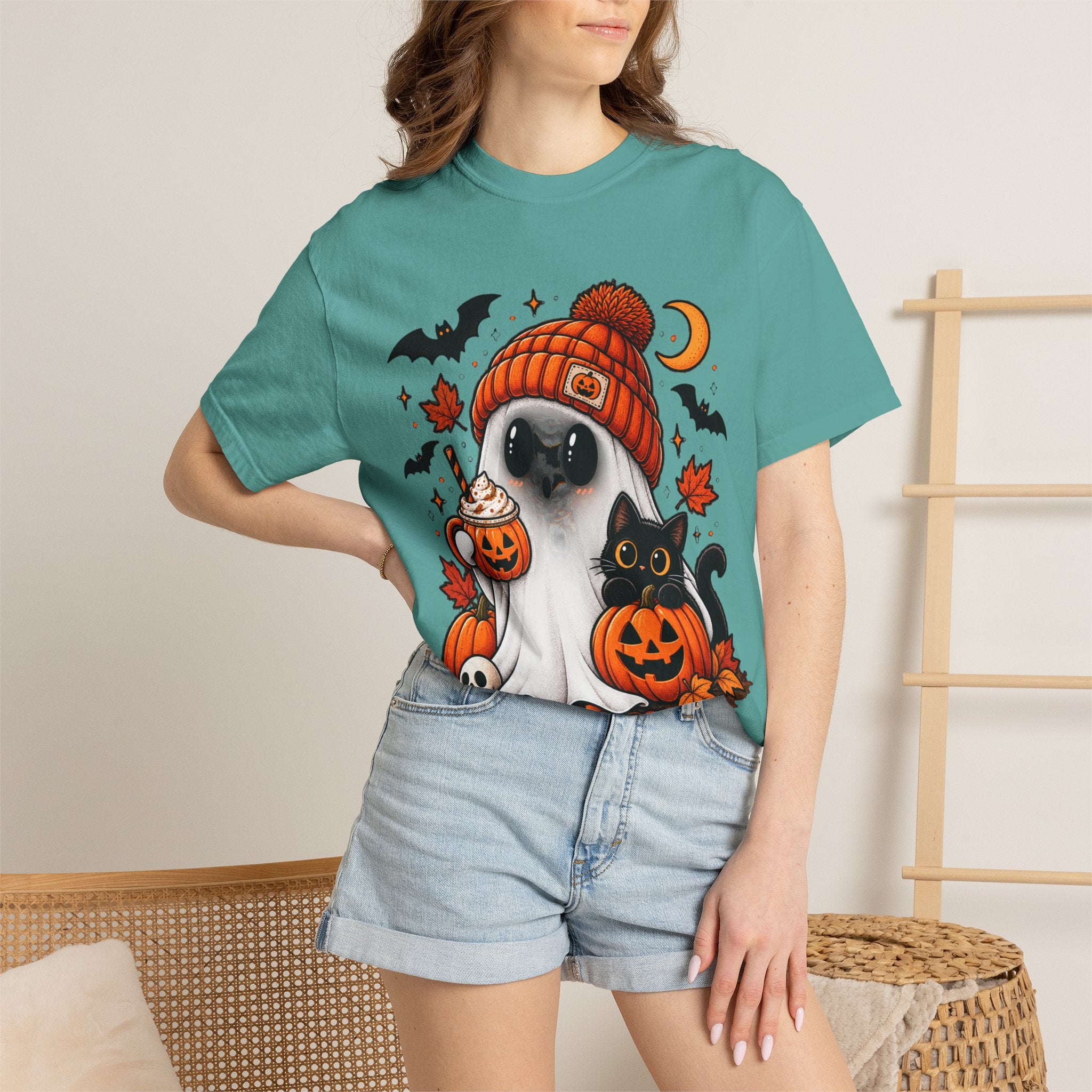 Halloween Ghost & Black Cat T-Shirt — Cute Pumpkin Beanie Design