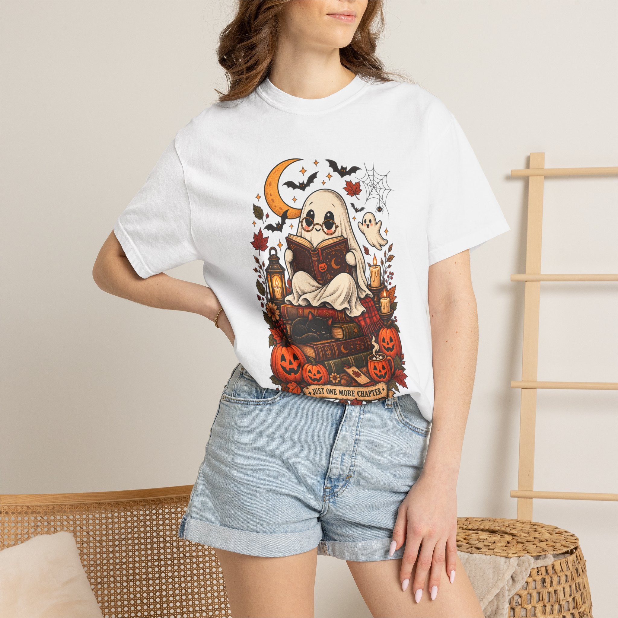 Halloween Ghost Reading T-Shirt — Cute Spooky Pumpkin & Bats Tee