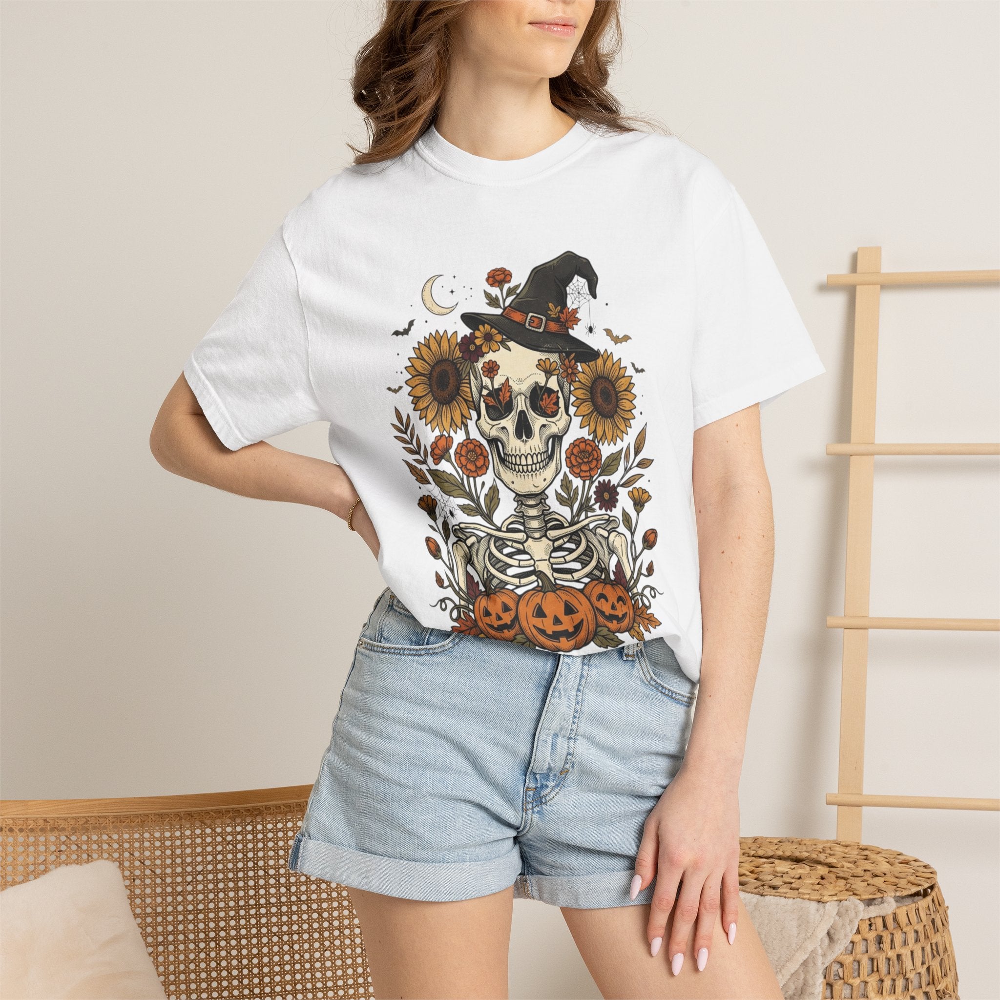 Halloween Skeleton Witch T-Shirt — Pumpkin & Sunflower Spooky Graphic Tee