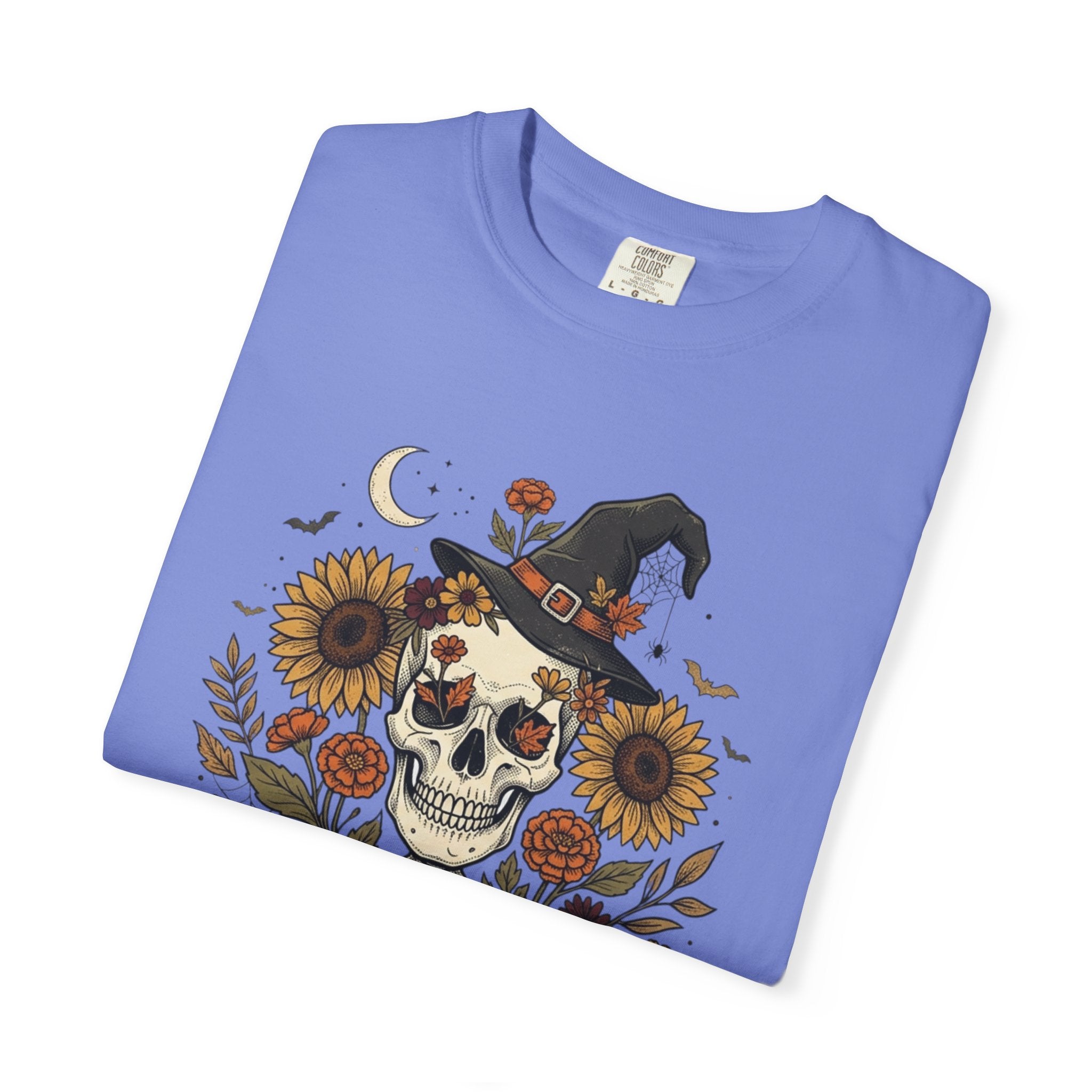 Halloween Skeleton Witch T-Shirt — Pumpkin & Sunflower Spooky Graphic Tee