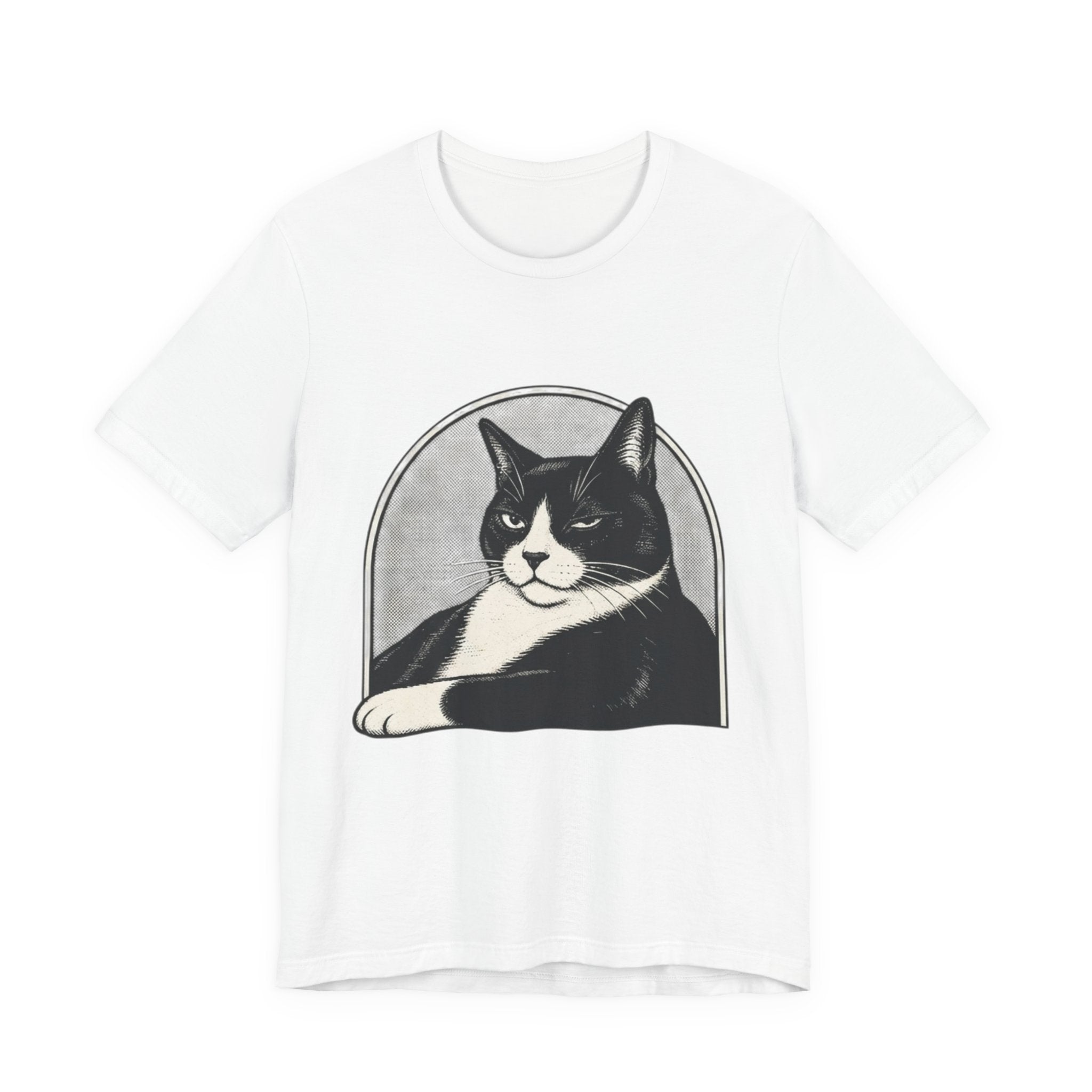 White Halloween cat T-shirt with black and white tuxedo cat graphic, perfect for cat lovers and spooky season gifts.