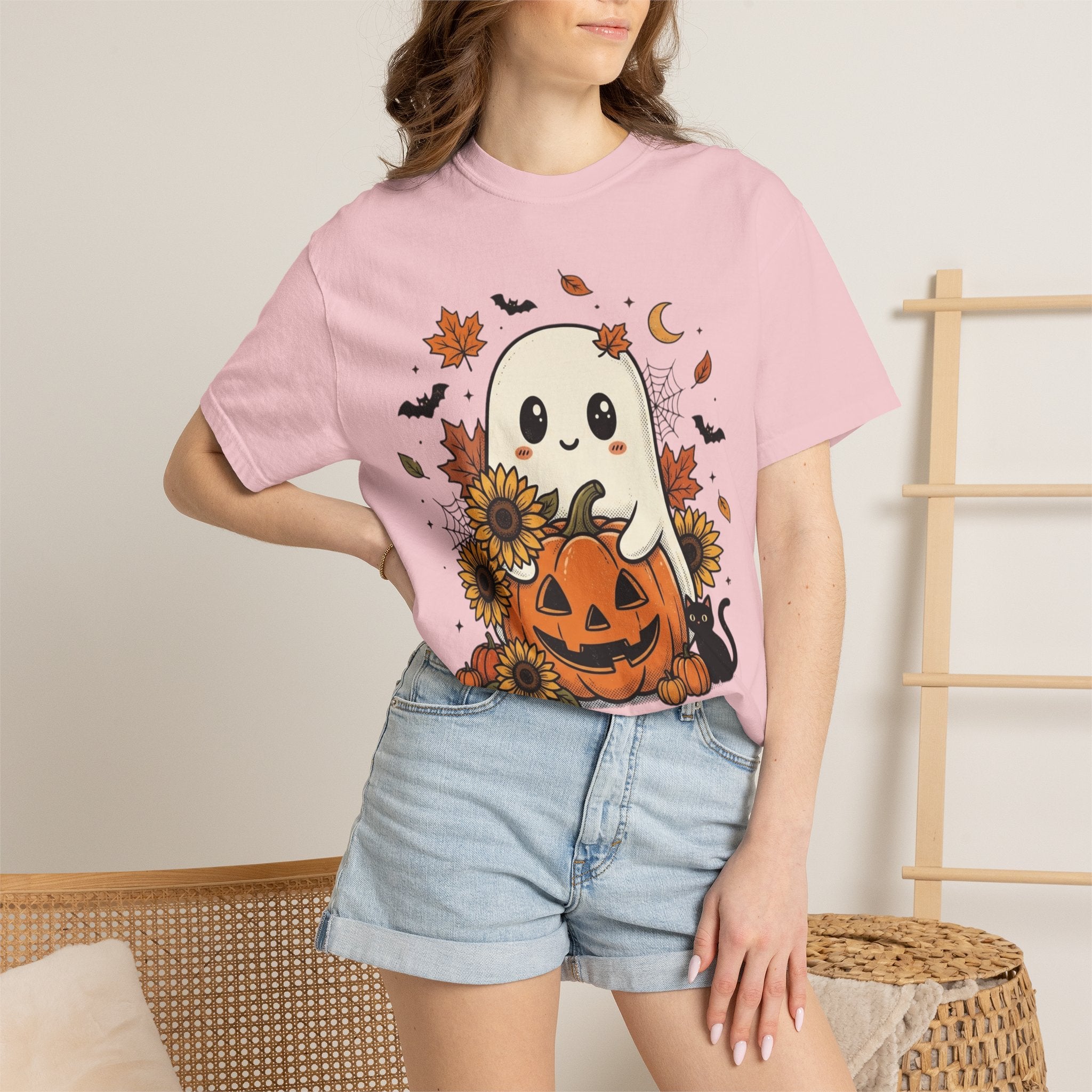 Cute Ghost Pumpkin Halloween T-Shirt — Sunflowers & Jack-O'-Lantern Tee