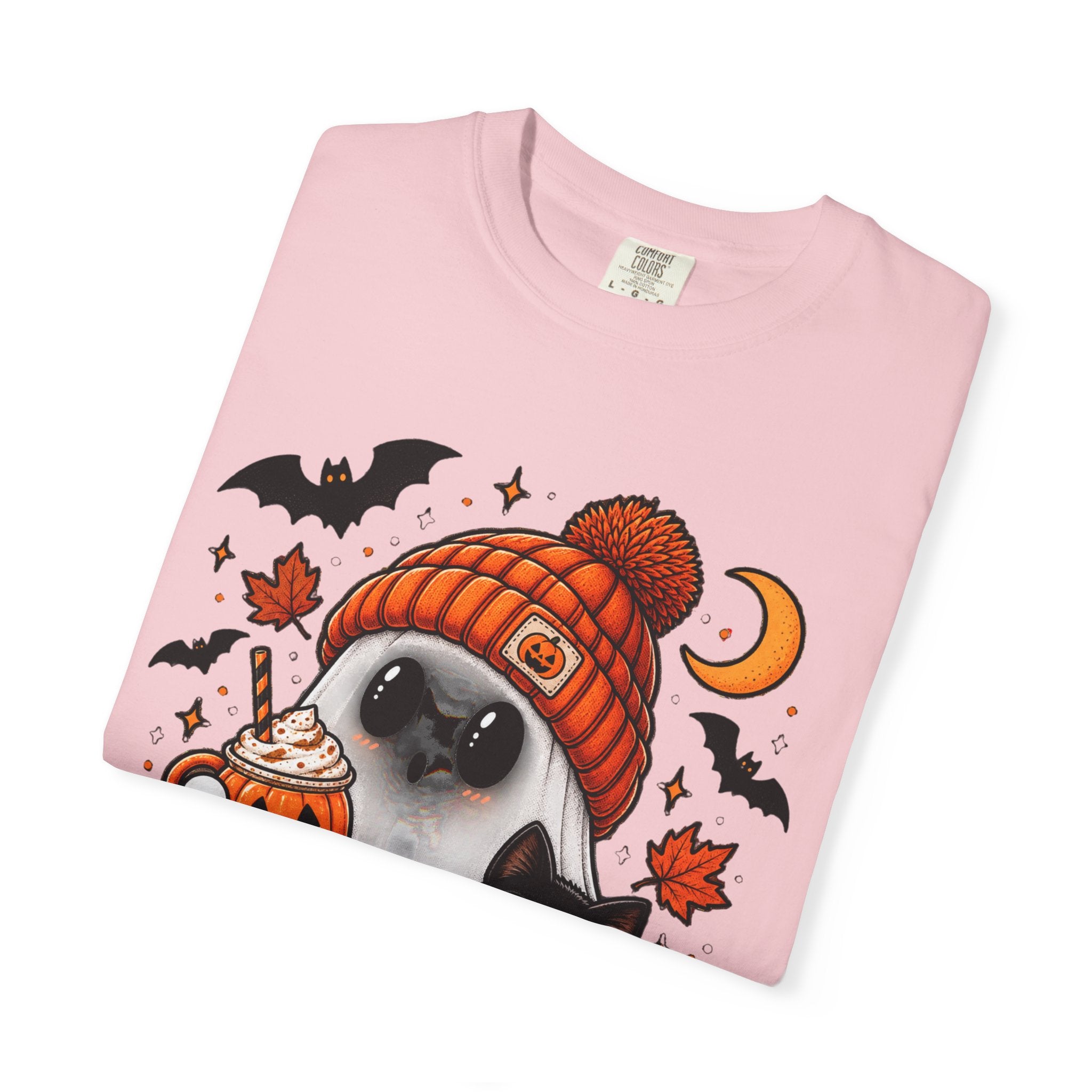 Halloween Ghost & Black Cat T-Shirt — Cute Pumpkin Beanie Design