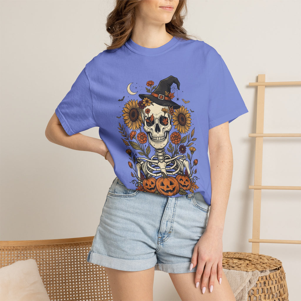 Halloween Skeleton Witch T-Shirt — Pumpkin & Sunflower Spooky Graphic Tee