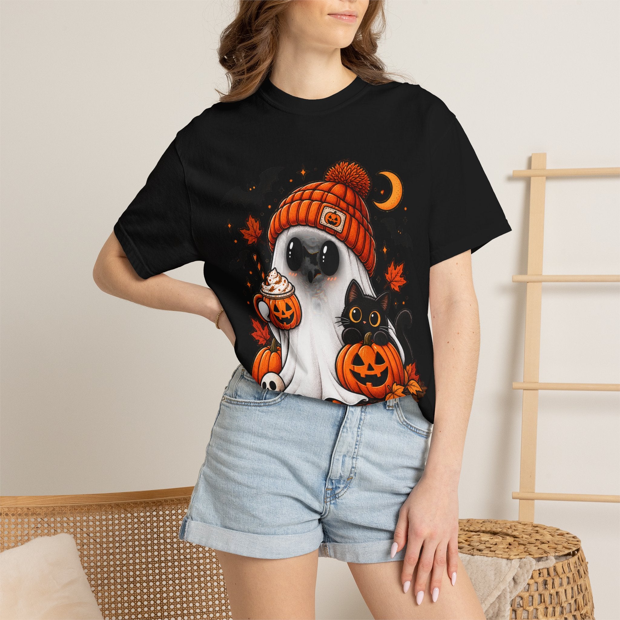 Halloween Ghost & Black Cat T-Shirt — Cute Pumpkin Beanie Design