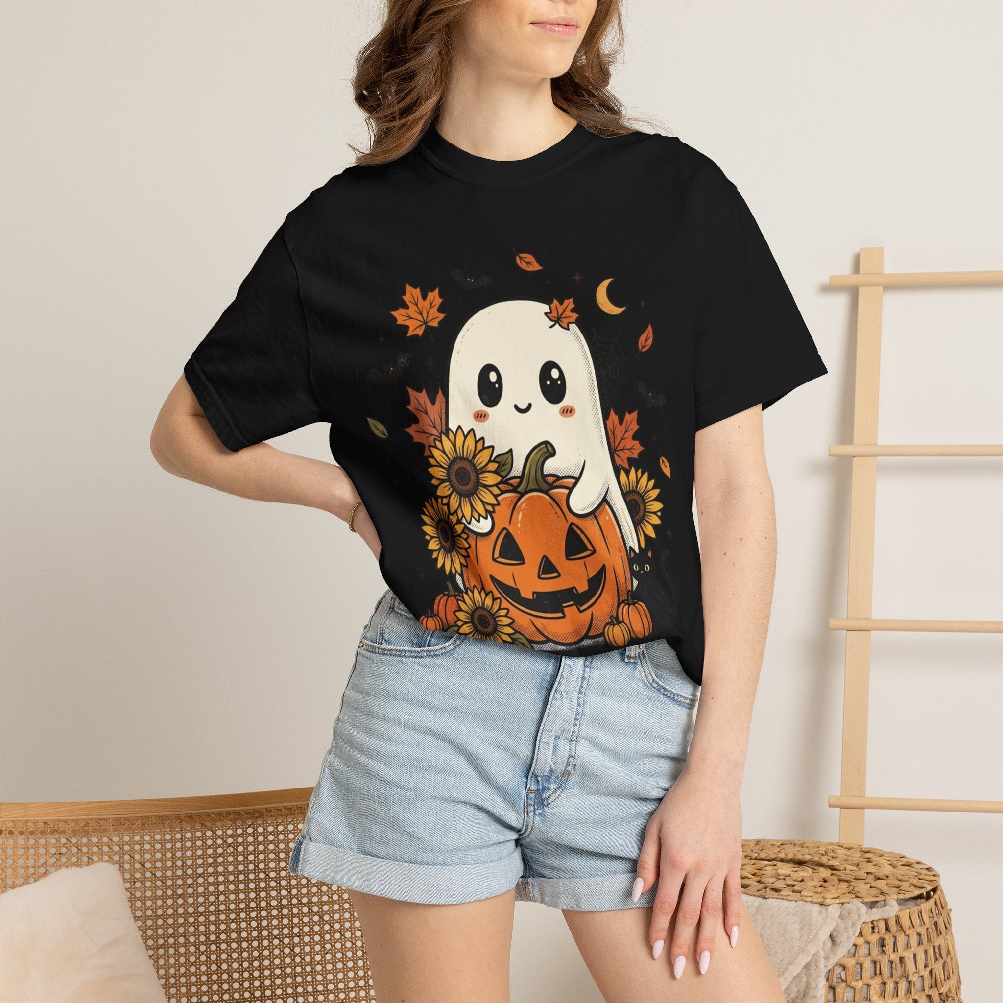 Cute Ghost Pumpkin Halloween T-Shirt — Sunflowers & Jack-O'-Lantern Tee