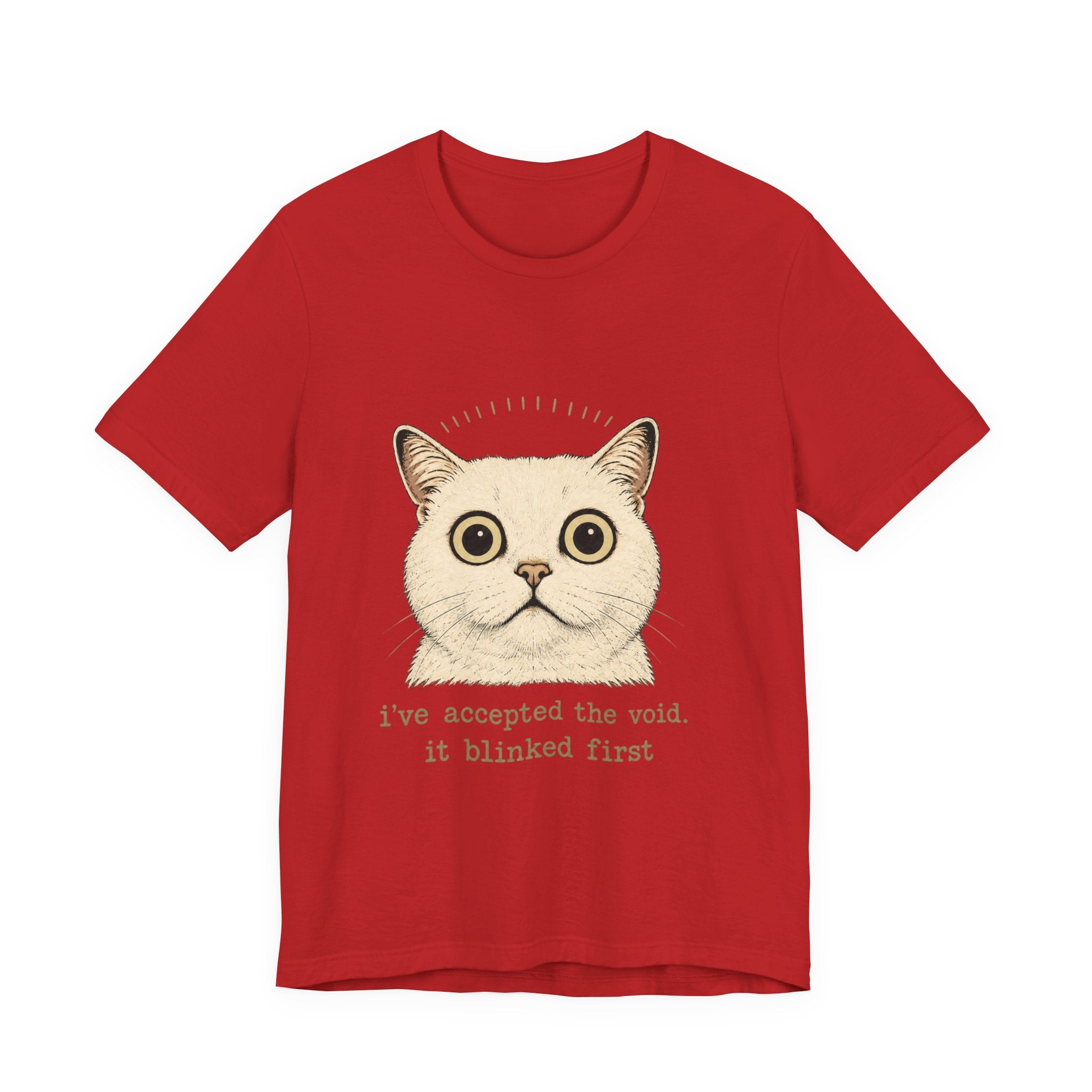 Red Halloween cat t-shirt with funny quote 'i've accepted the void. it blinked first' for cat lovers