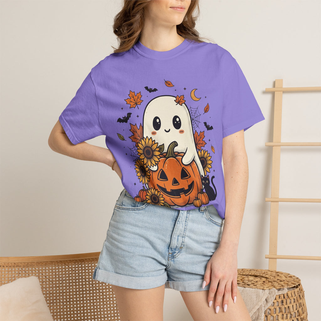Cute Ghost Pumpkin Halloween T-Shirt — Sunflowers & Jack-O'-Lantern Tee
