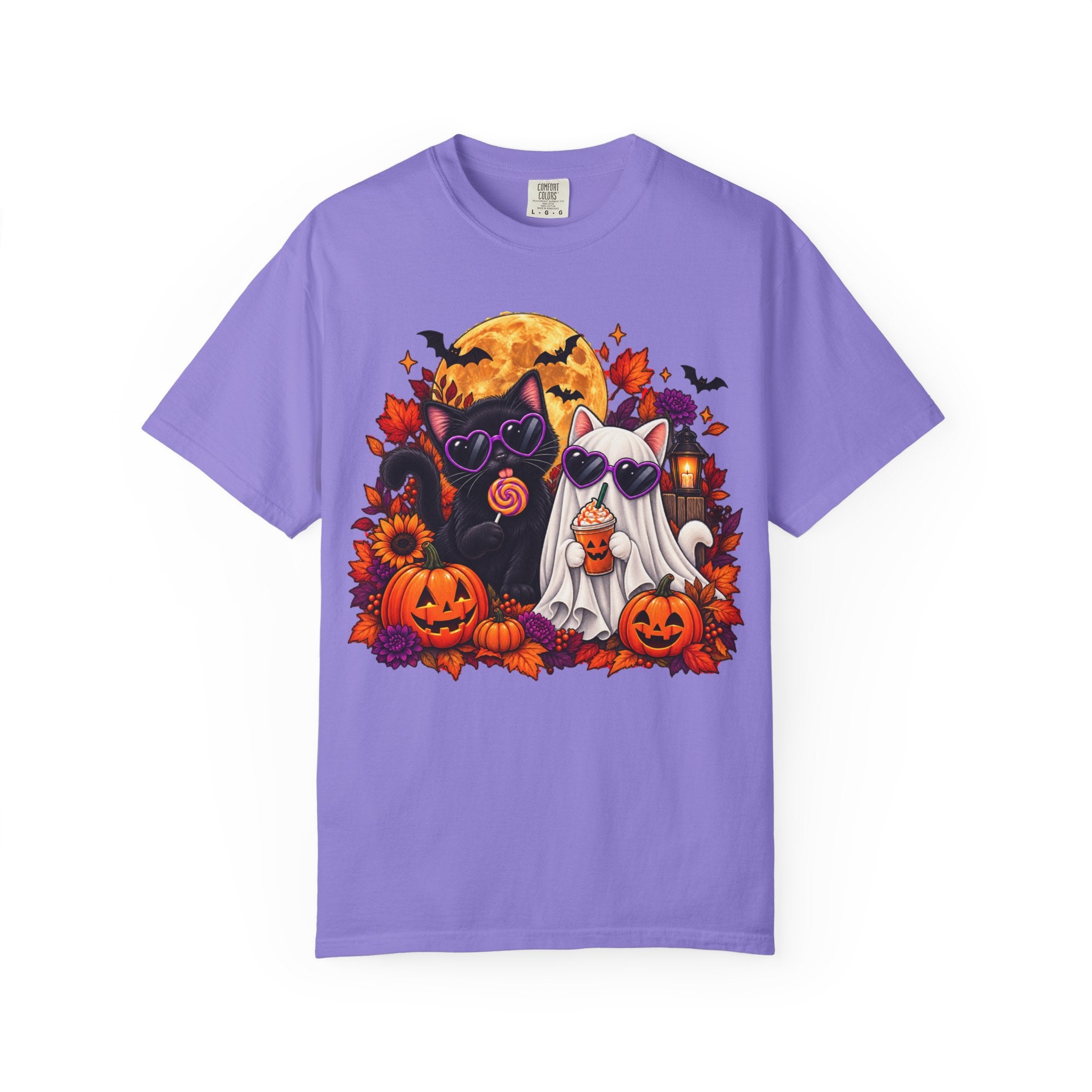 Cute Halloween Cat Shirt with Pumpkins, Ghost Cat Spooky Autumn Tee
