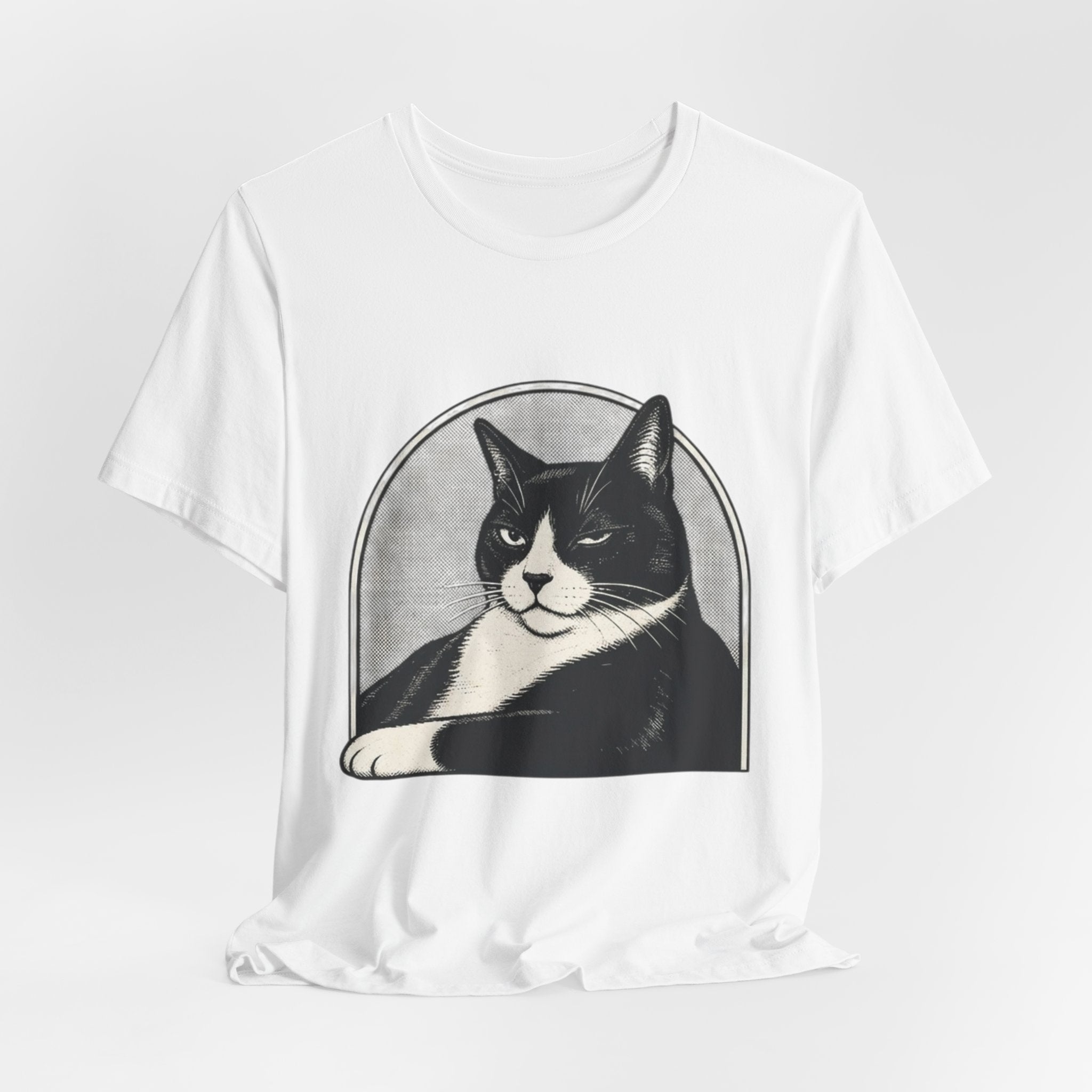 White Halloween cat T-shirt with black and white tuxedo cat graphic, perfect for cat lovers and spooky season gifts.
