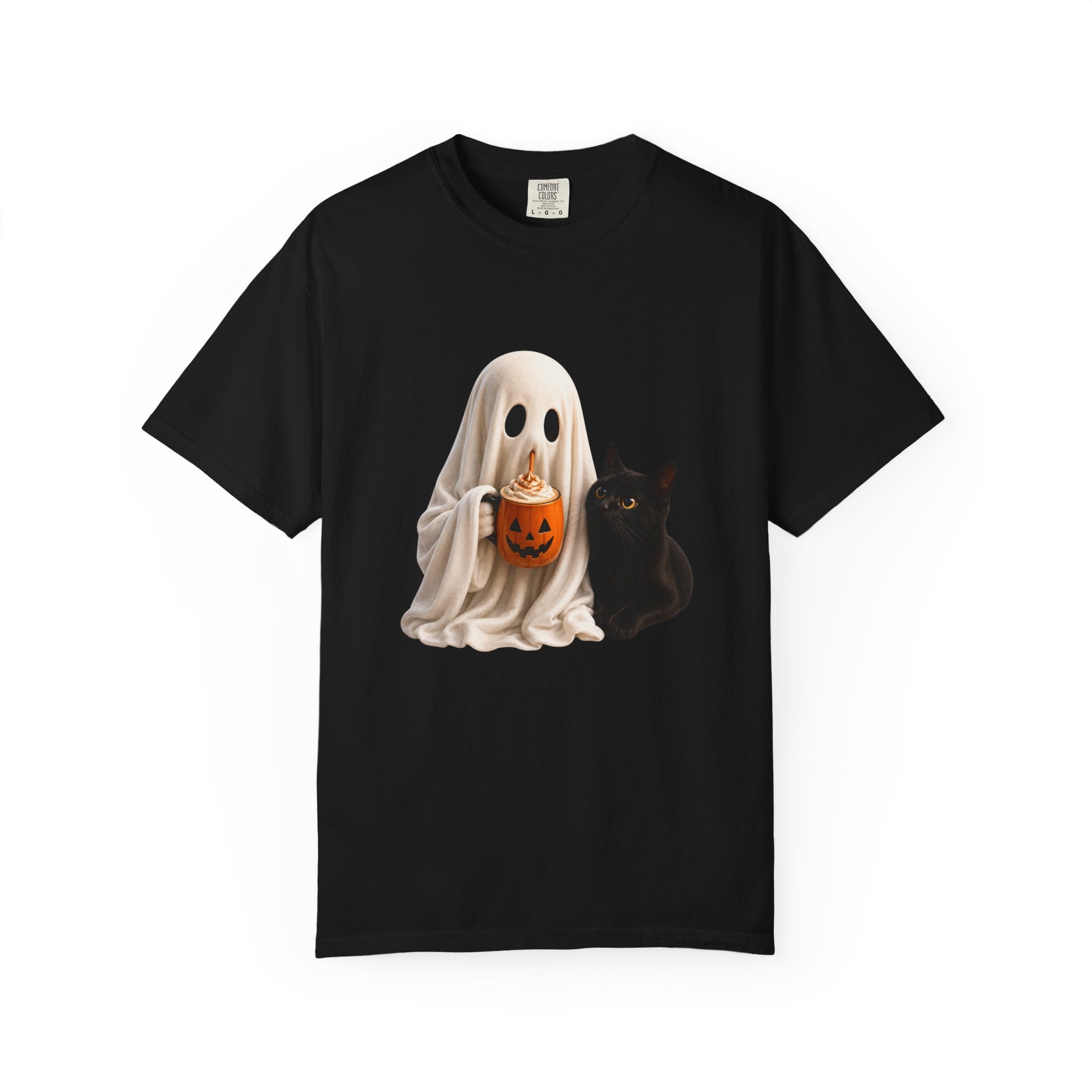 Halloween Ghost & Black Cat T-Shirt — Cute Trick-or-Treat Pumpkin Tee