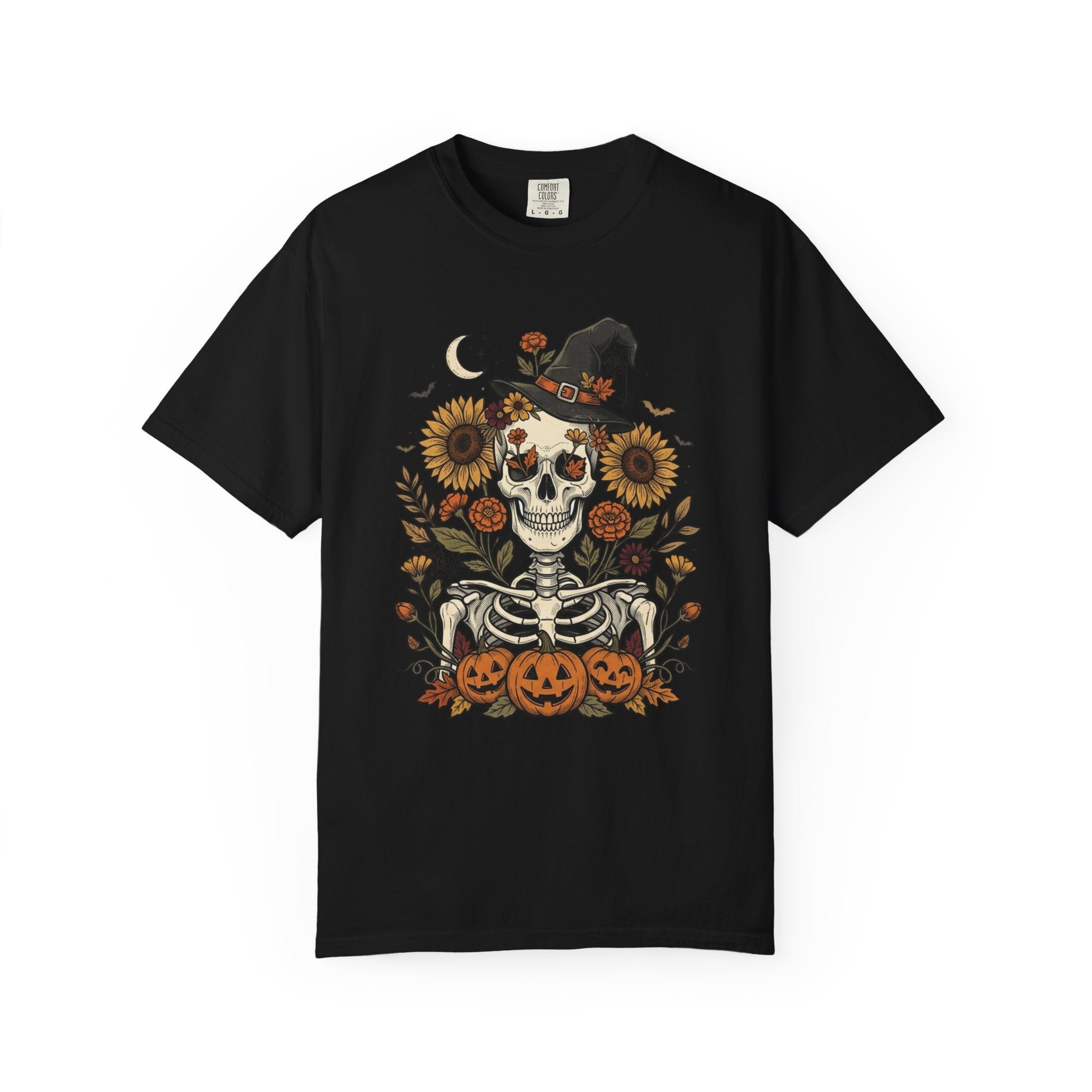 Halloween Skeleton Witch T-Shirt — Pumpkin & Sunflower Spooky Graphic Tee