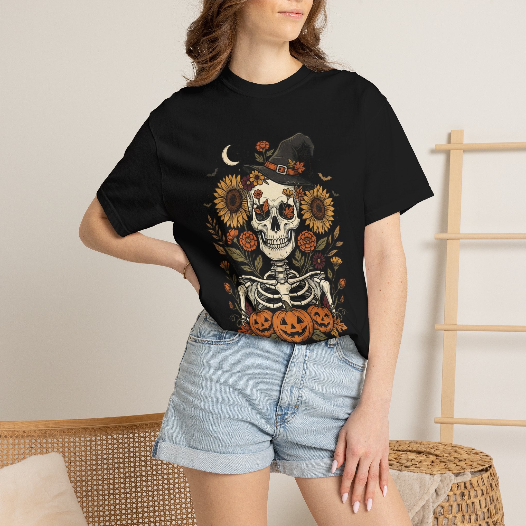 Halloween Skeleton Witch T-Shirt — Pumpkin & Sunflower Spooky Graphic Tee