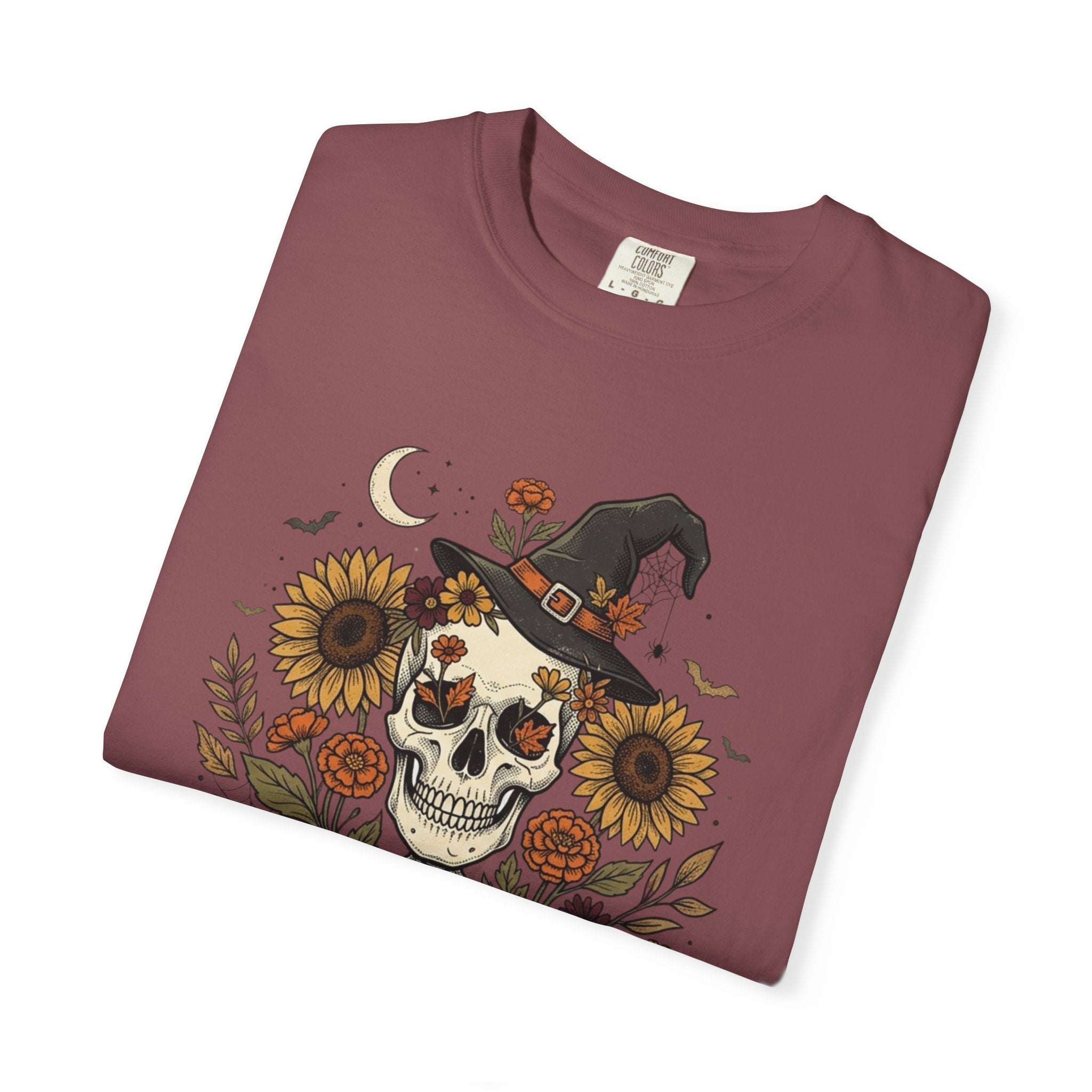 Halloween Skeleton Witch T-Shirt — Pumpkin & Sunflower Spooky Graphic Tee